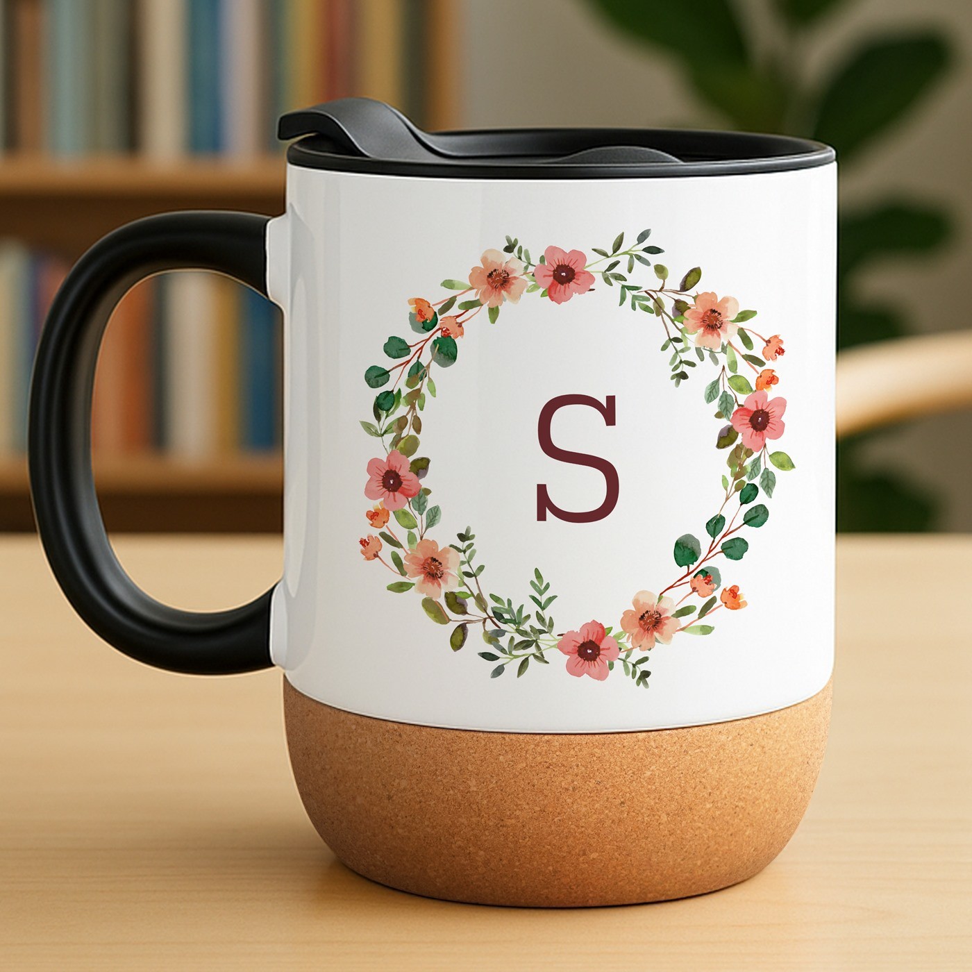 Mug de cerámica Murrano con base de corcho y tapa - Blanco con impresión personalizada para cumpleaños ella