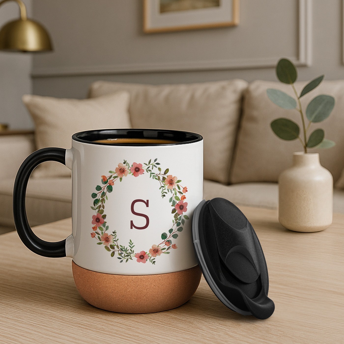 Mug de cerámica Murrano con base de corcho y tapa - Blanco con impresión personalizada para cumpleaños ella
