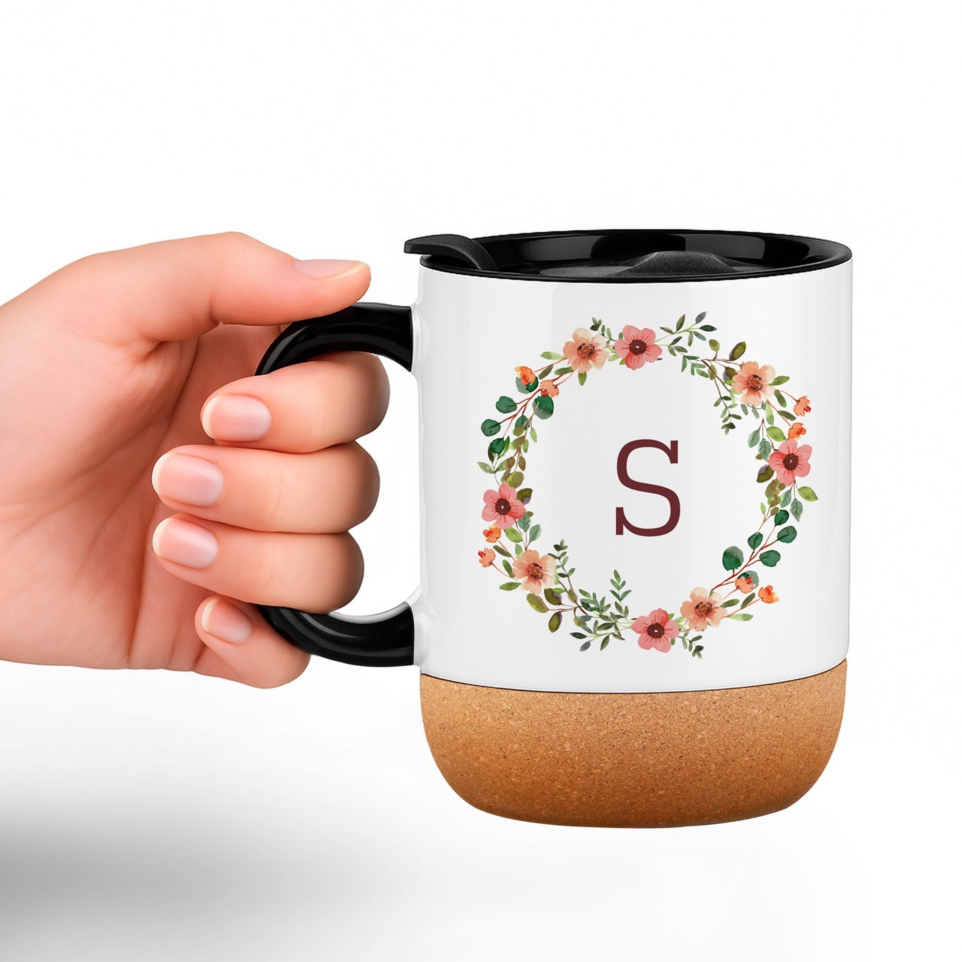 Mug de cerámica Murrano con base de corcho y tapa - Blanco con impresión personalizada para cumpleaños ella