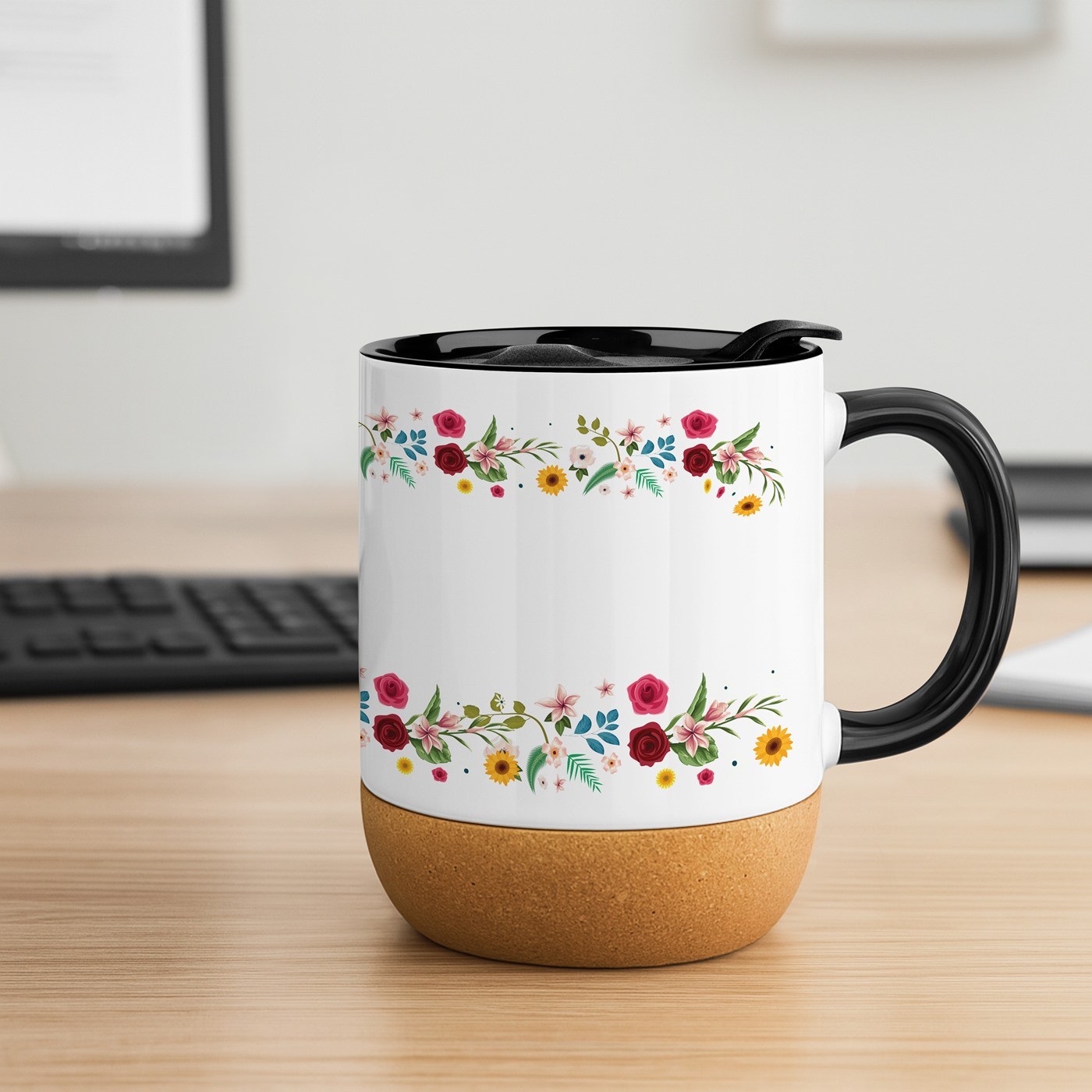 Mug de cerámica blanca Murrano con base de corcho y tapa - Regalo personalizado de agradecimiento