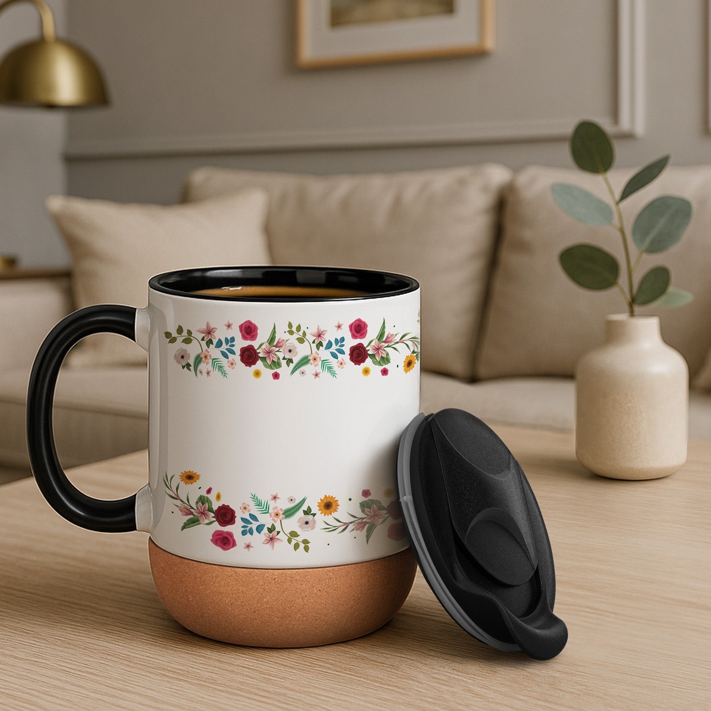 Mug de cerámica blanca Murrano con base de corcho y tapa - Regalo personalizado de agradecimiento
