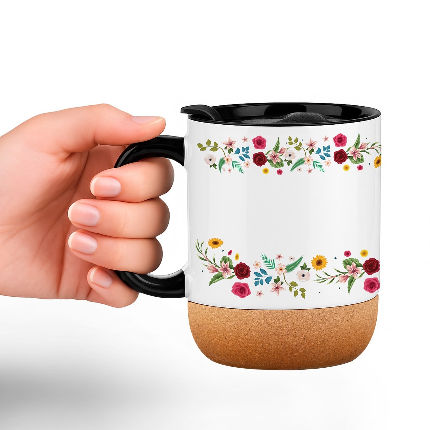 Mug de cerámica blanca Murrano con base de corcho y tapa - Regalo personalizado de agradecimiento
