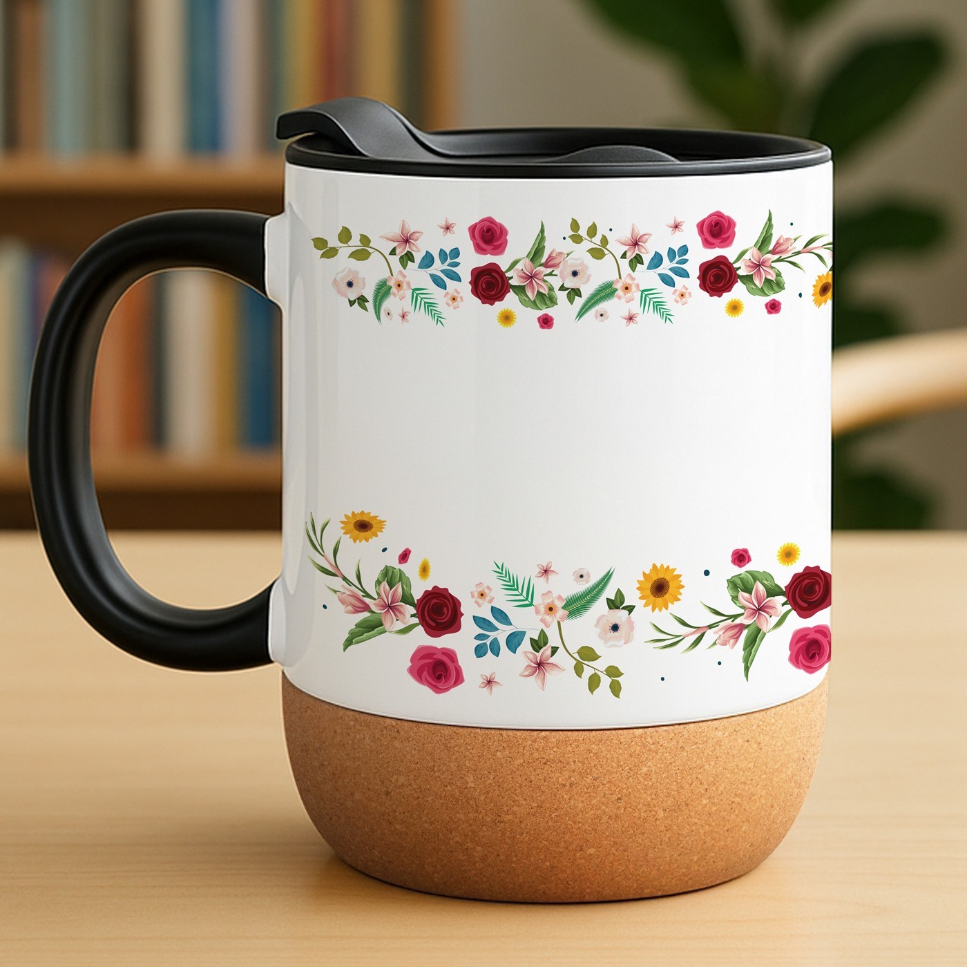 Mug de cerámica blanca Murrano con base de corcho y tapa - Regalo personalizado de agradecimiento