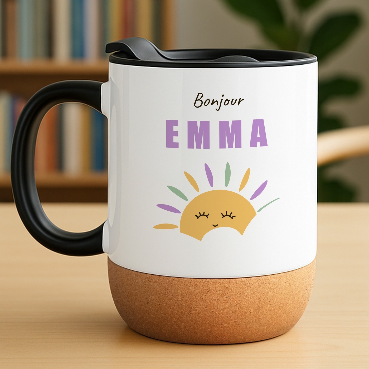Mug de cerámica blanca Murrano con base de corcho y tapa - Regalo personalizado para mejor amiga