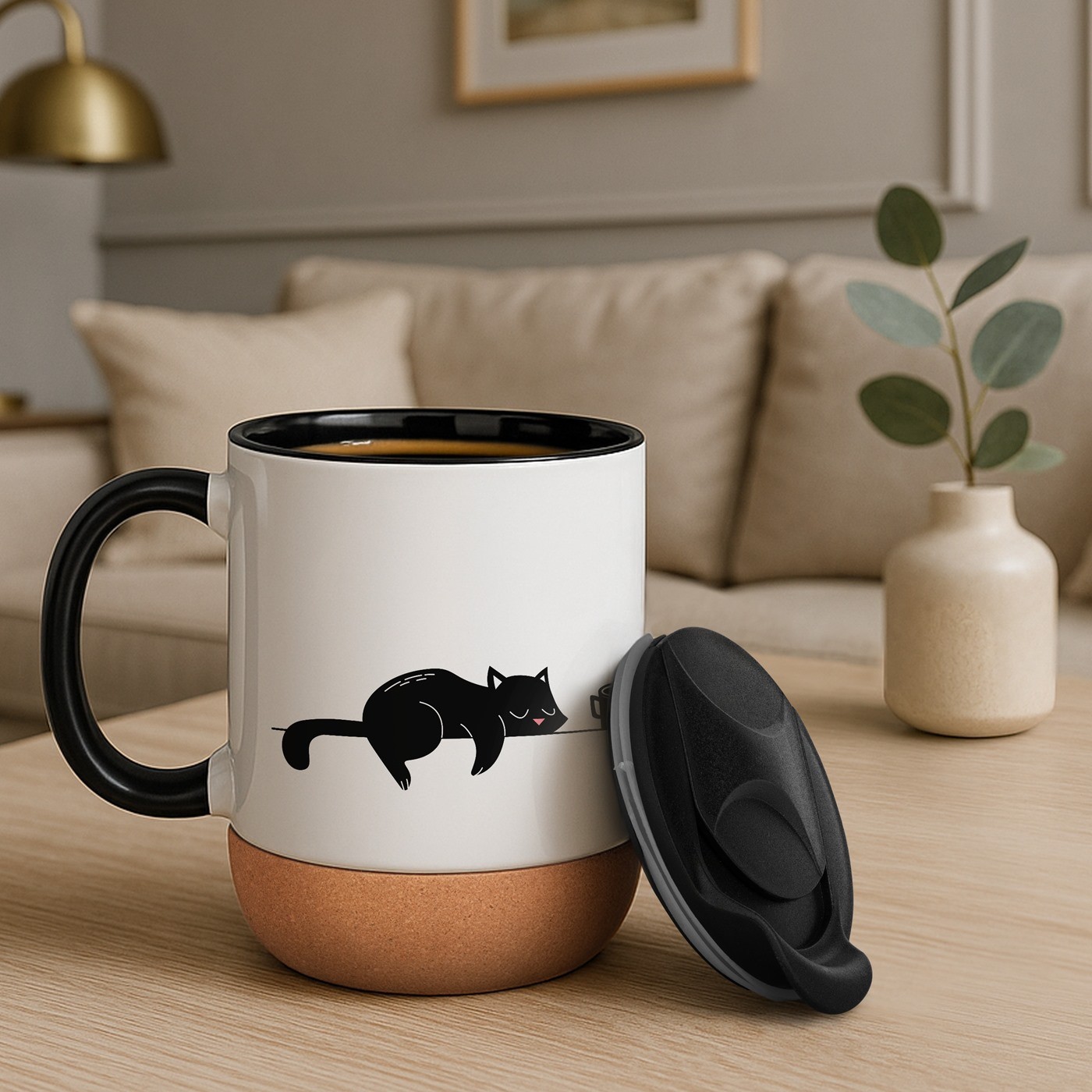 Mug de cerámica blanca Murrano con impresión de gato y tapa para mujeres