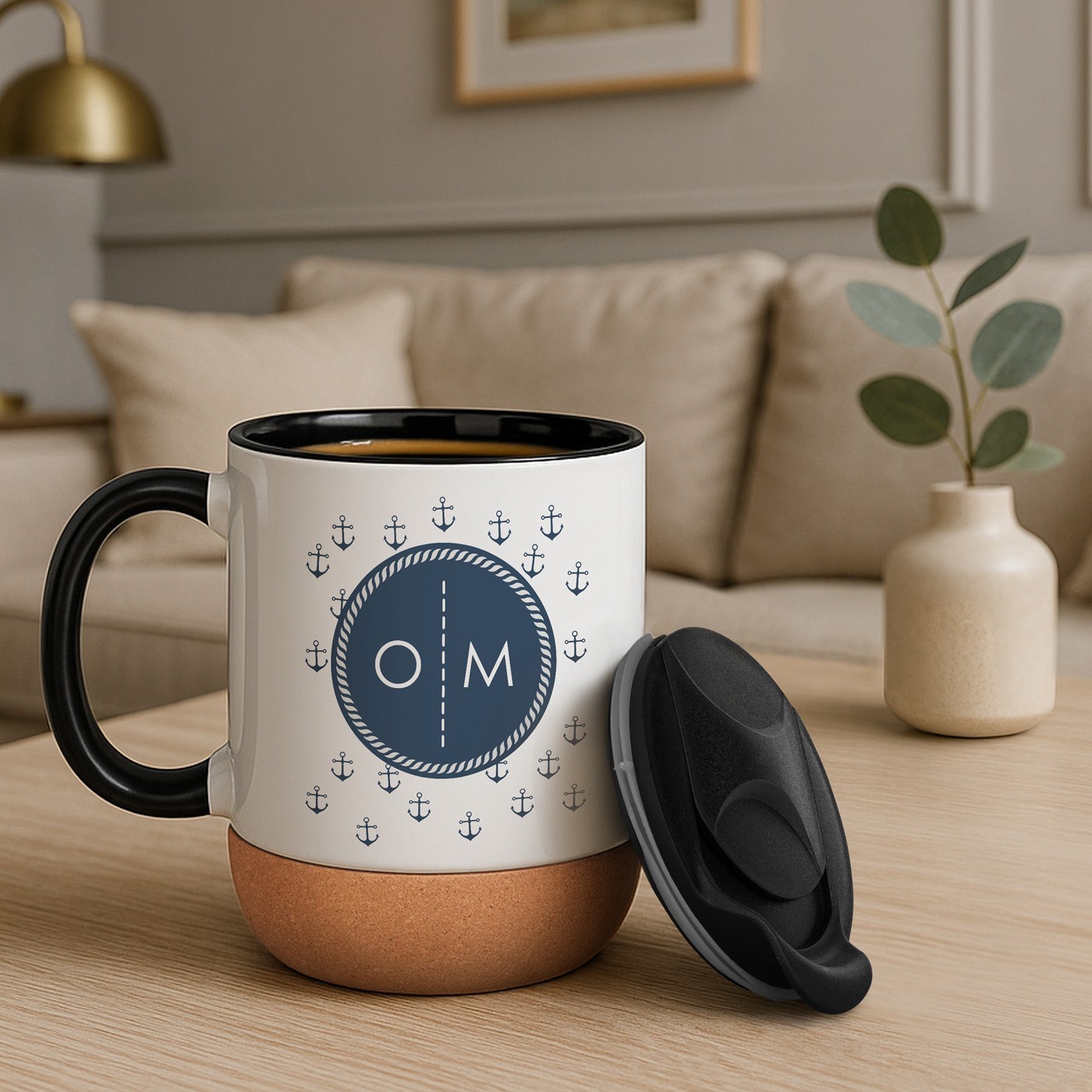 Murrano White Mug with Print and Lid for Boat Captain