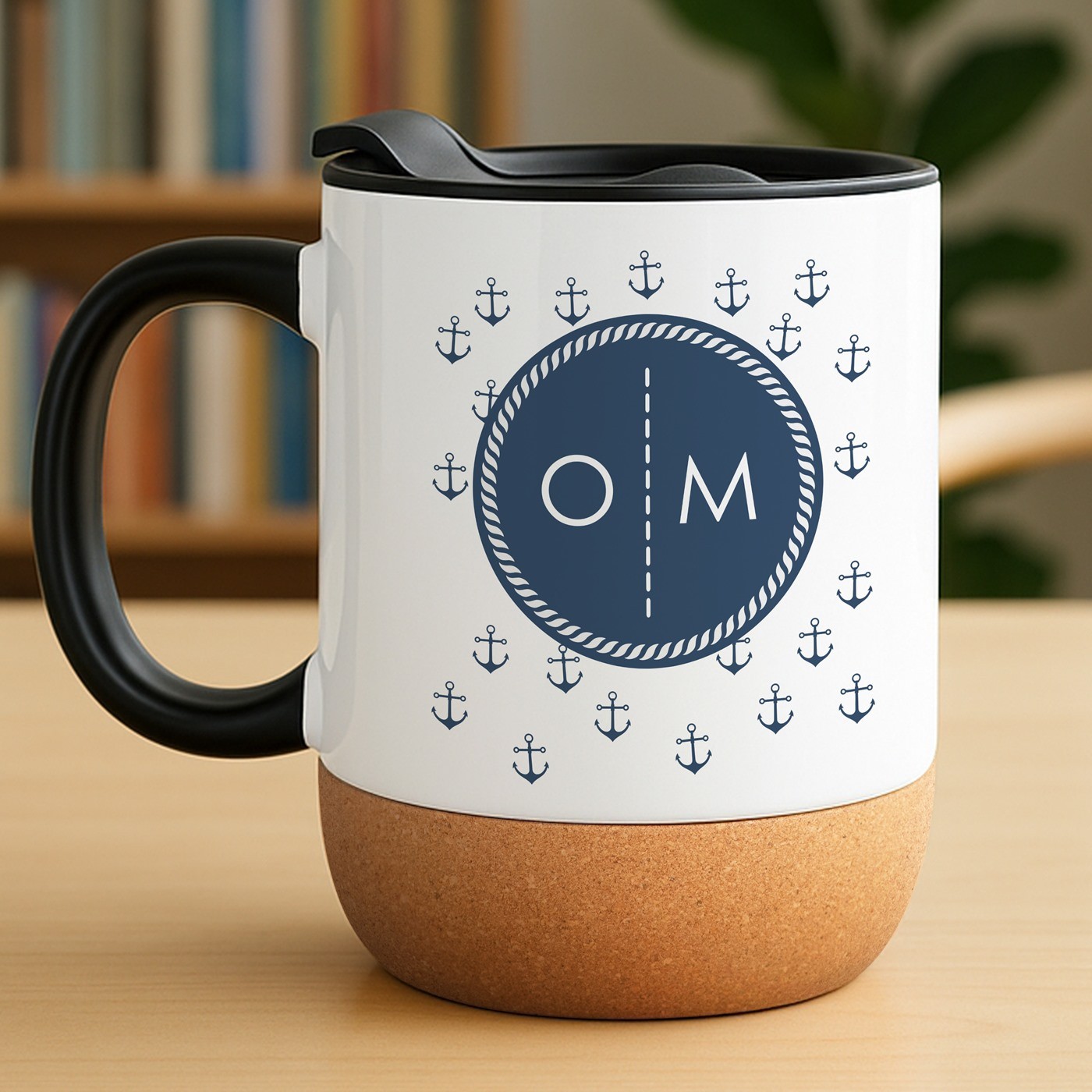 Taza blanca Murrano con impresión y tapa para capitán de barco