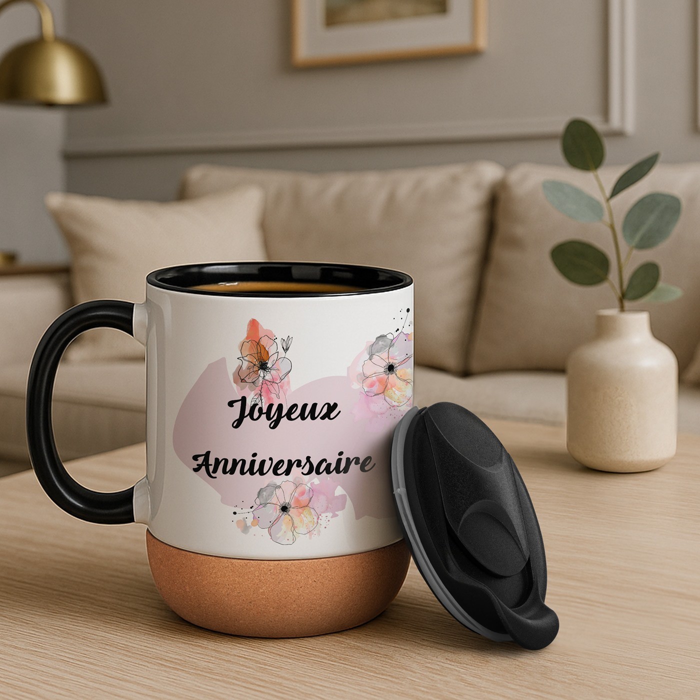 Mug de cerámica blanca Murrano con tapa y impresión personalizada para el cumpleaños de una mujer