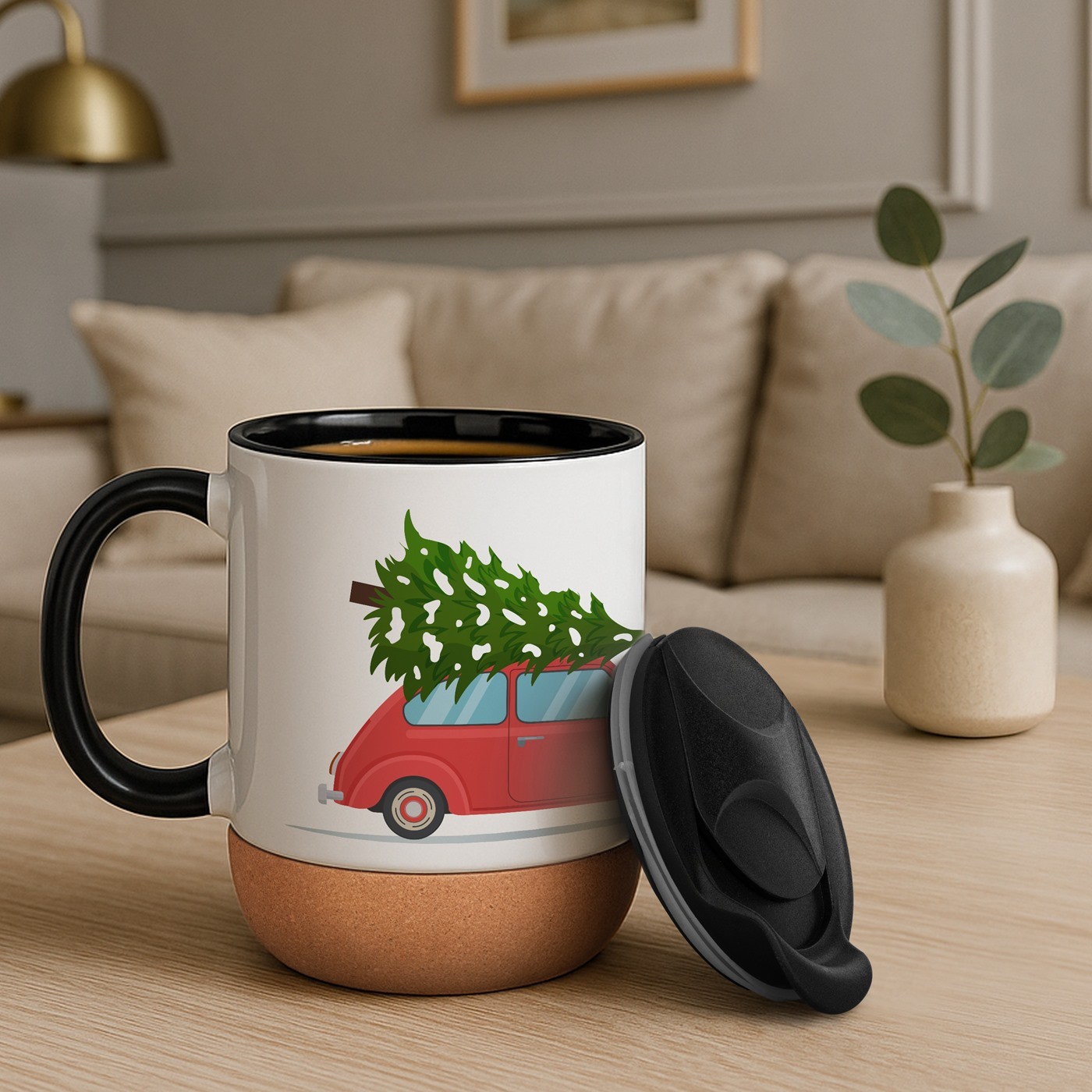 Mug de cerámica blanca con tapa Murrano para Navidad