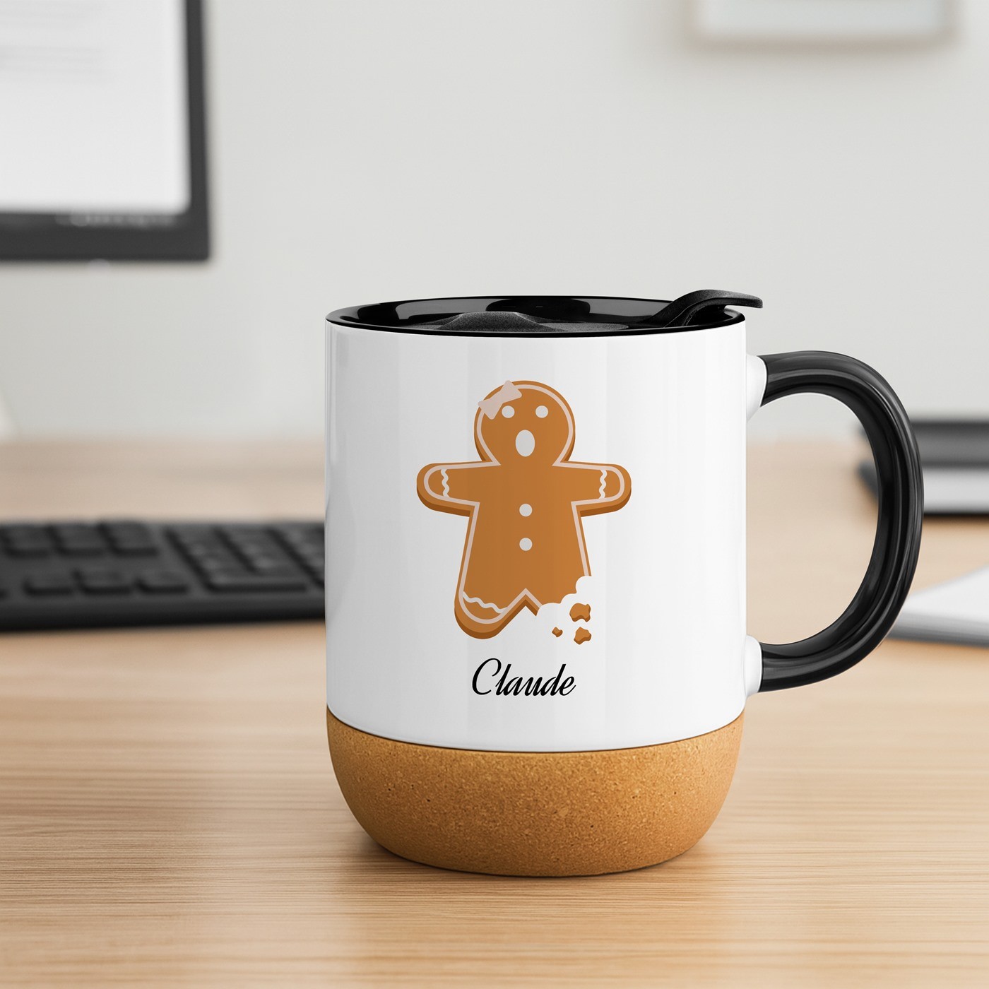 Mug de cerámica blanca Murrano con diseño de pastel de especias de Navidad y tapa para ella