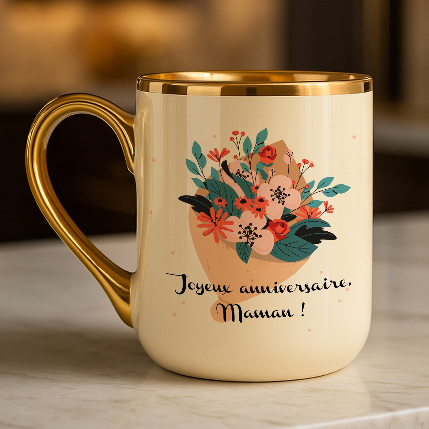 Taza de cerámica Murrano para el cumpleaños de una mamá - Beige con bordes y asa dorados y impresión personalizada