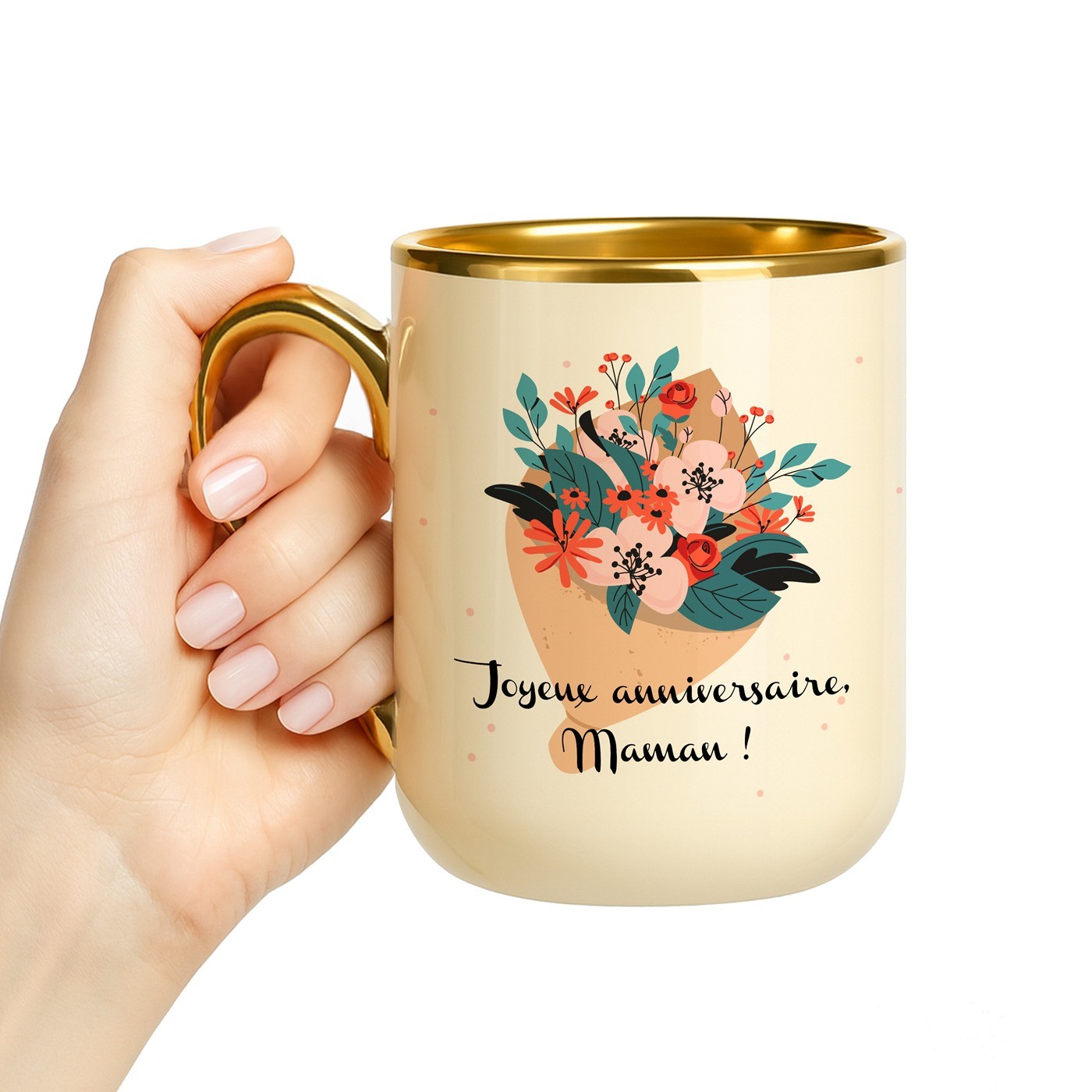Taza de cerámica Murrano para el cumpleaños de una mamá - Beige con bordes y asa dorados y impresión personalizada