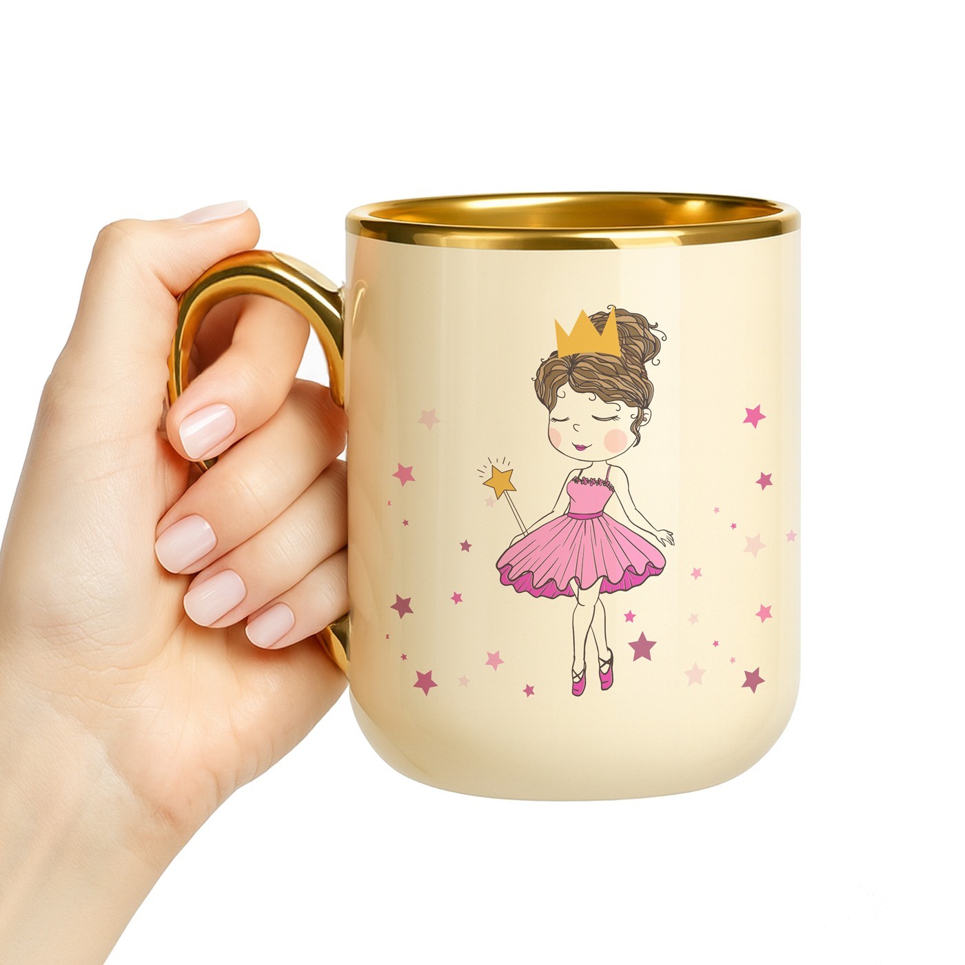Mug de cerámica beige Murrano con borde y asa dorados para el cumpleaños de una niña