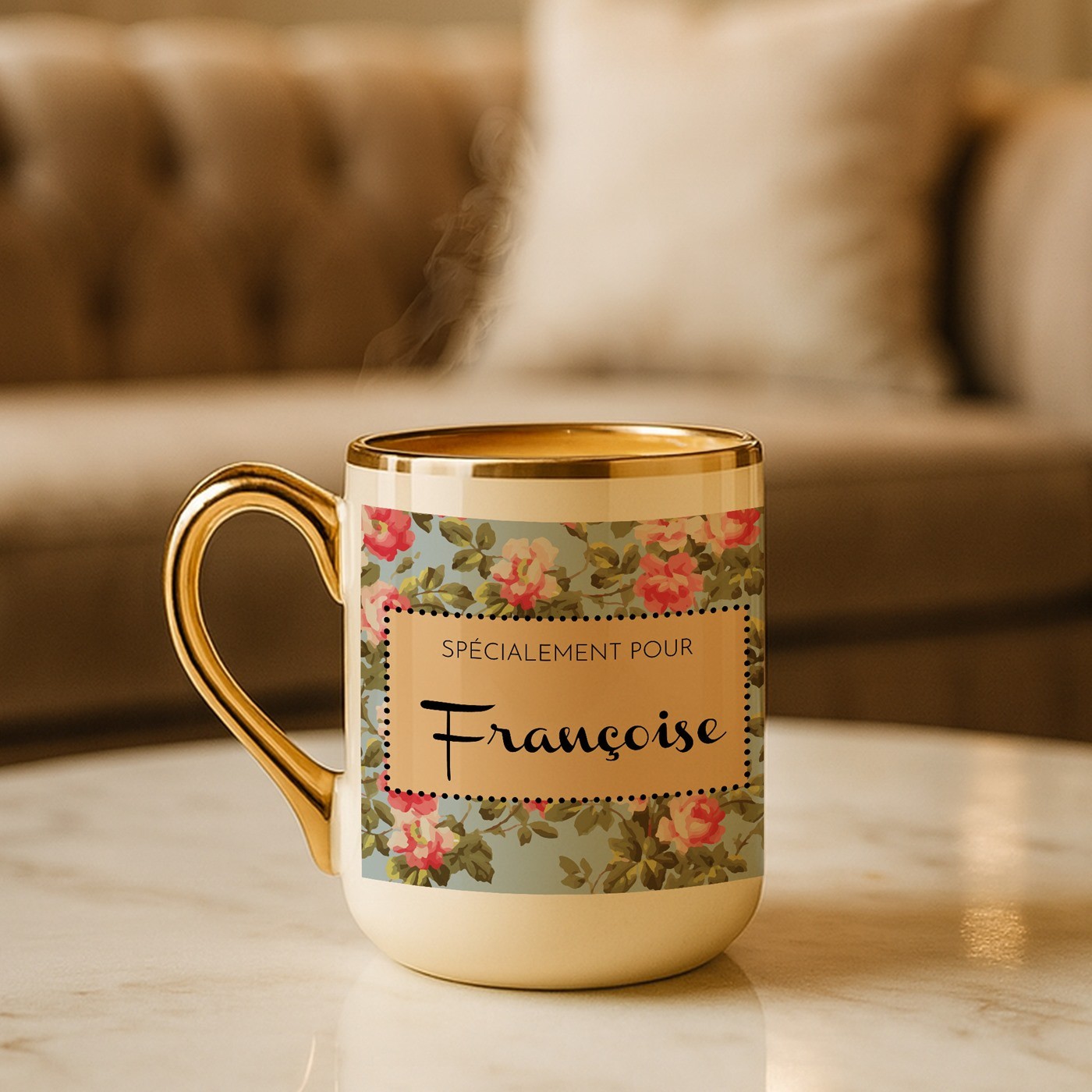 Mug de cerámica beige Murrano con borde y asa dorados para el cumpleaños de una amiga