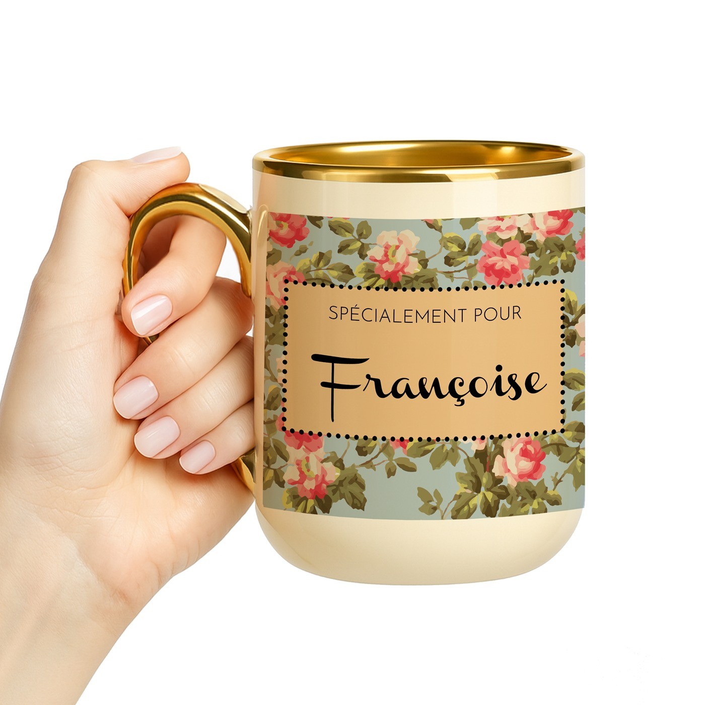 Mug de cerámica beige Murrano con borde y asa dorados para el cumpleaños de una amiga