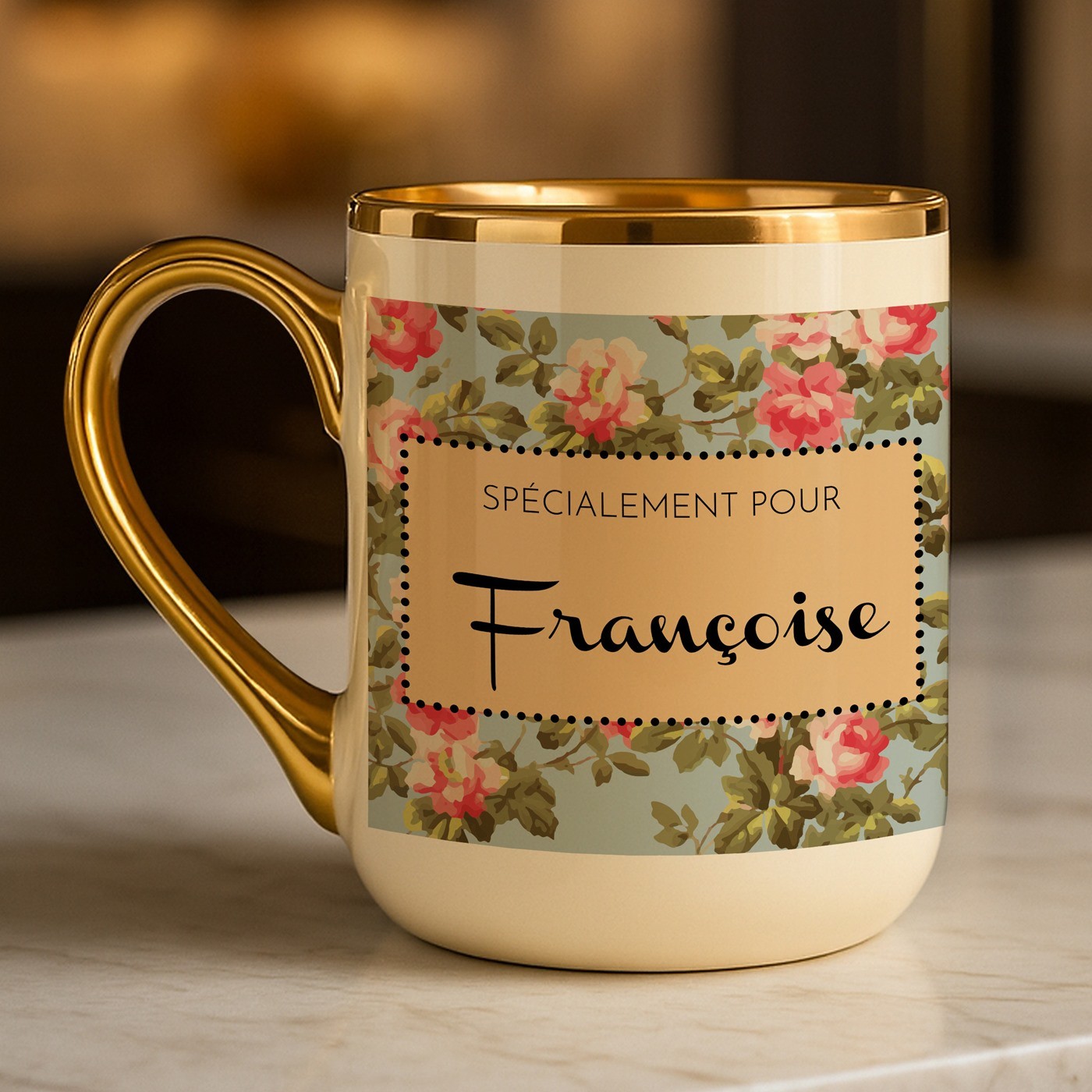 Mug de cerámica beige Murrano con borde y asa dorados para el cumpleaños de una amiga