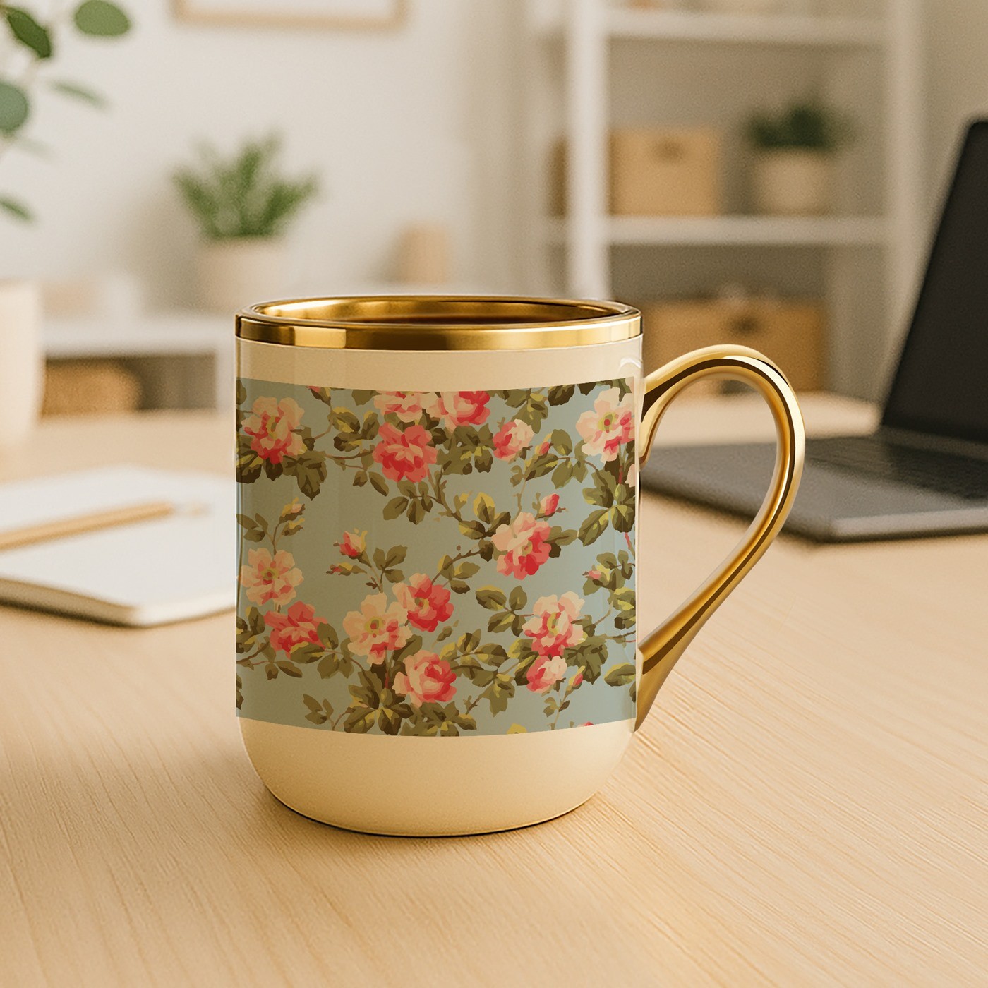 Mug de cerámica beige Murrano con borde y asa dorados para el cumpleaños de una amiga