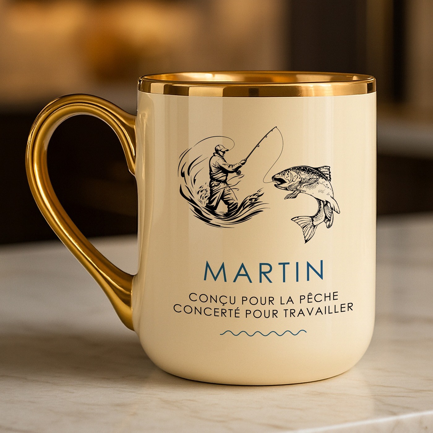 Mug de cerámica beige personalizado con borde y mango dorados para el cumpleaños de un amigo pescador