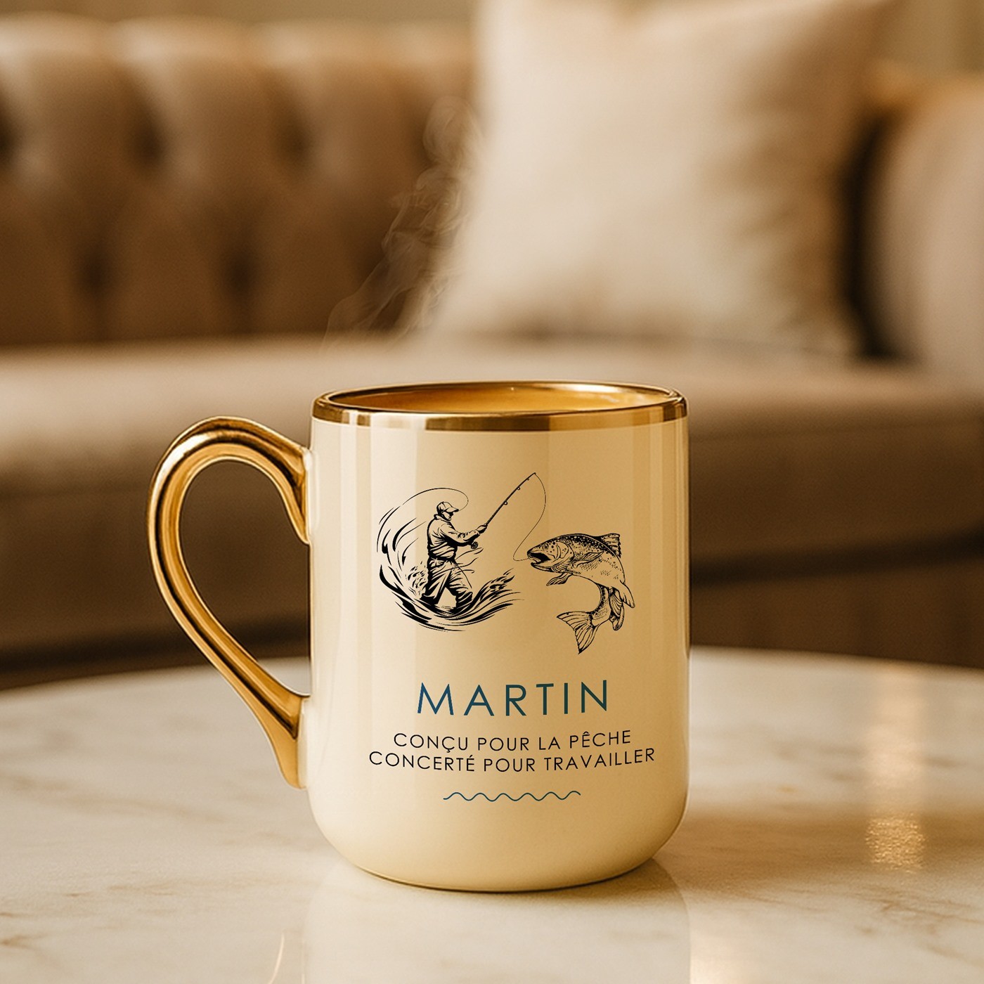 Mug de cerámica beige personalizado con borde y mango dorados para el cumpleaños de un amigo pescador