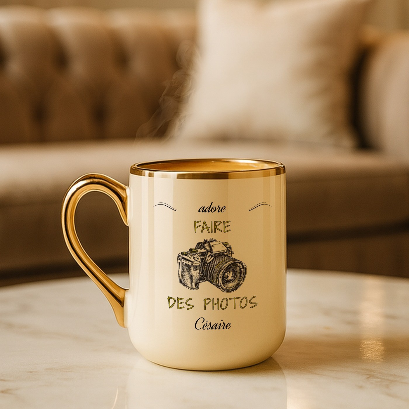 Taza de cerámica Murrano con borde y asa dorados para el cumpleaños de un amigo fotógrafo
