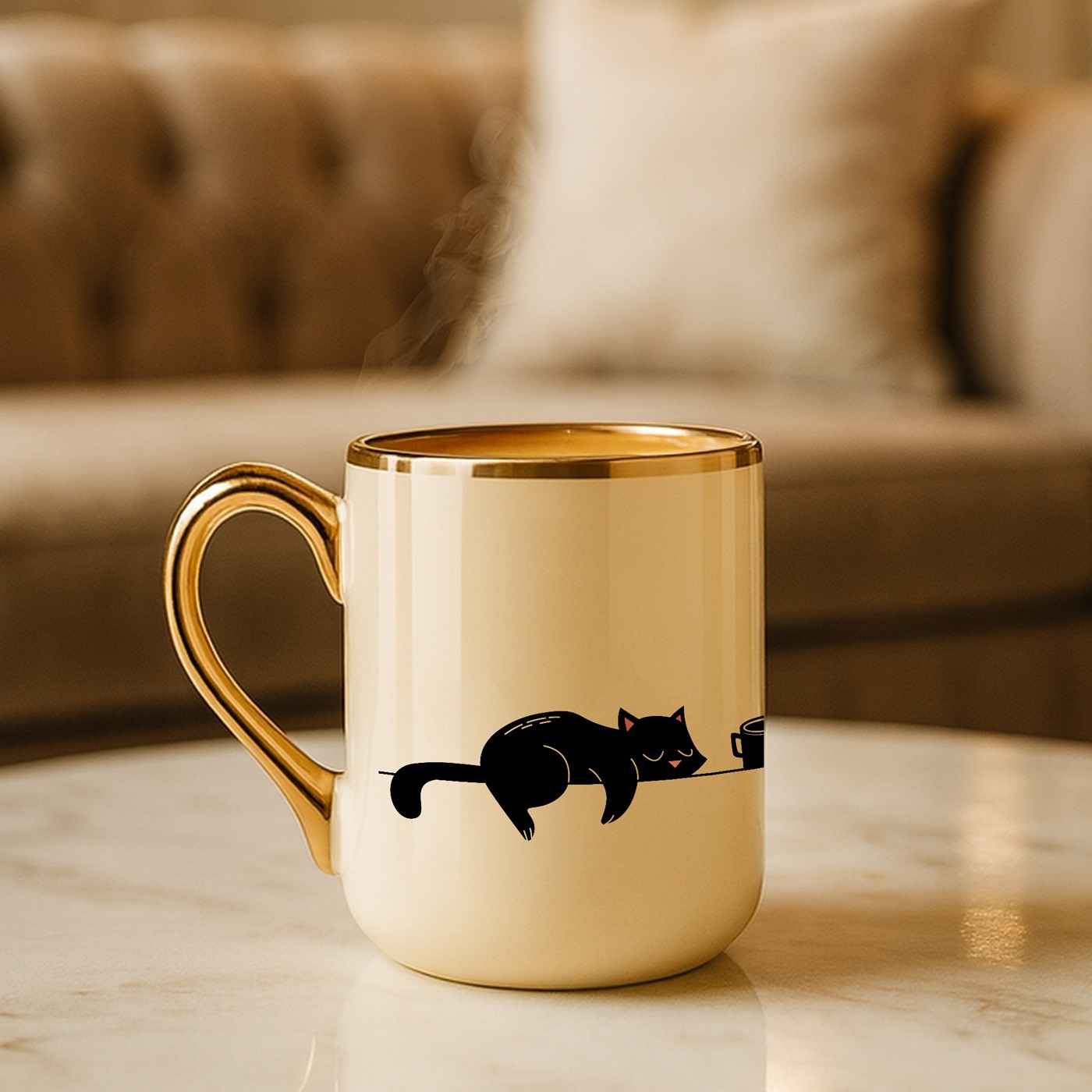 Mug de cerámica beige Murrano con borde y asa dorados para el cumpleaños de una colega