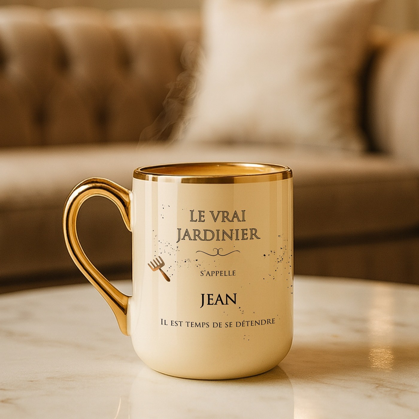 Taza cerámica Murrano con borde y asa dorados para el cumpleaños de un colega amante del jardín