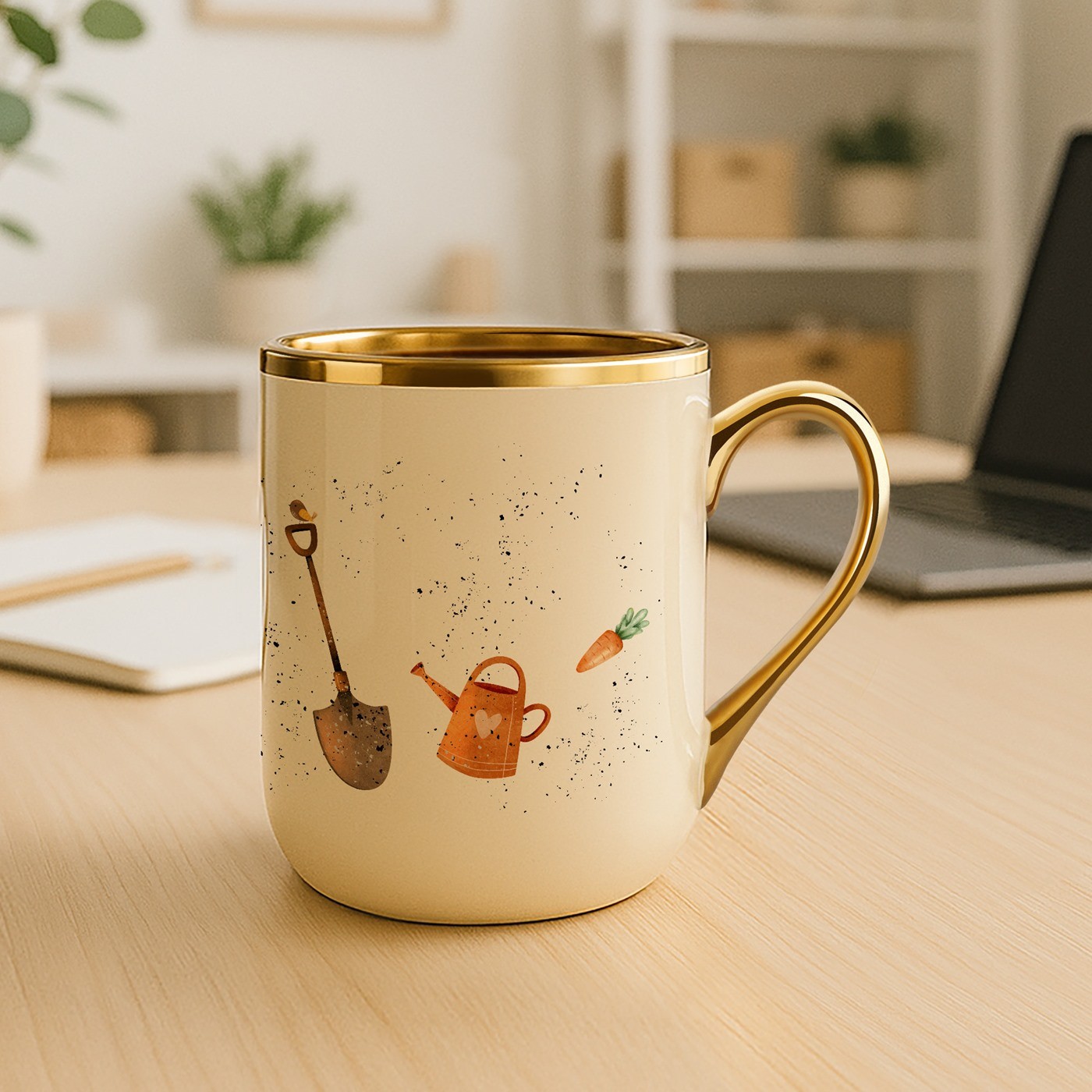 Taza cerámica Murrano con borde y asa dorados para el cumpleaños de un colega amante del jardín