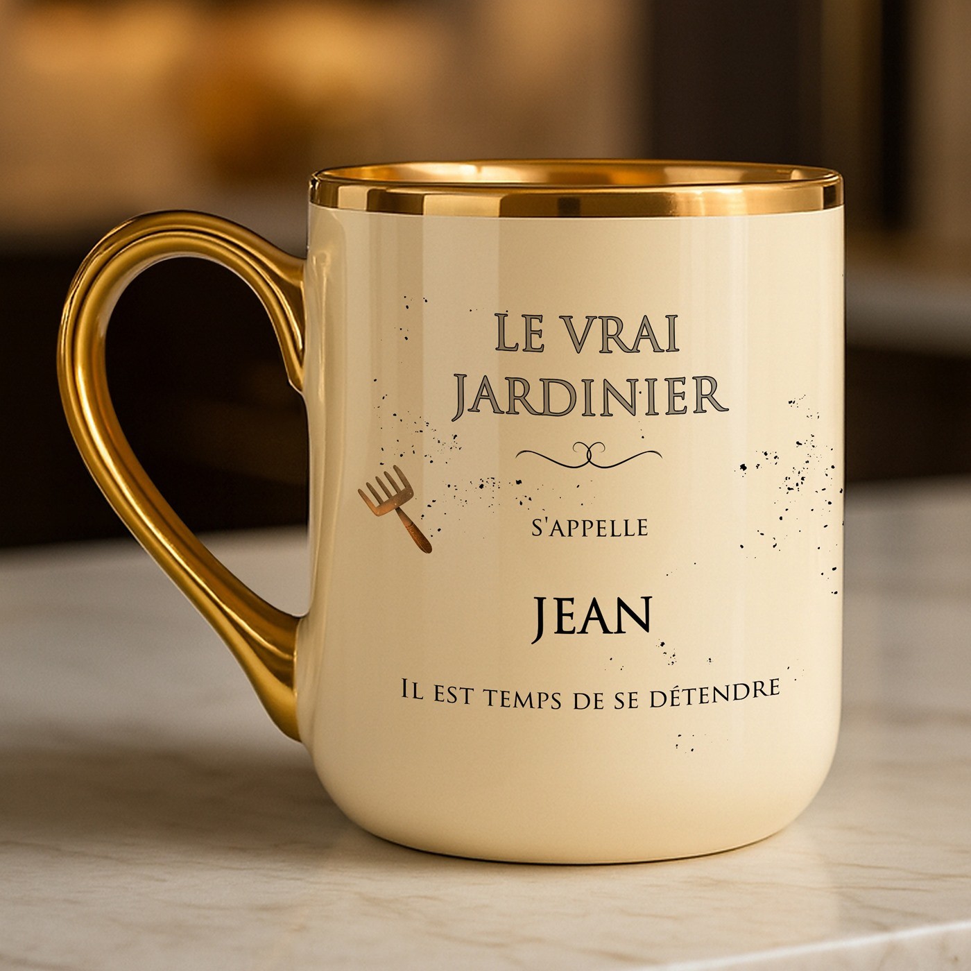 Taza cerámica Murrano con borde y asa dorados para el cumpleaños de un colega amante del jardín