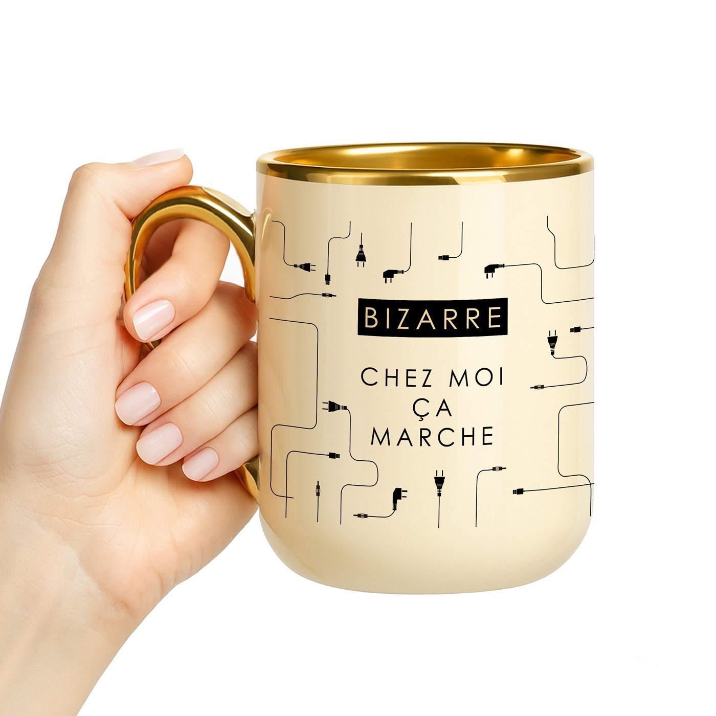 Mug de cerámica beige personalizado con borde y asa dorados para un experto en TI - Murrano