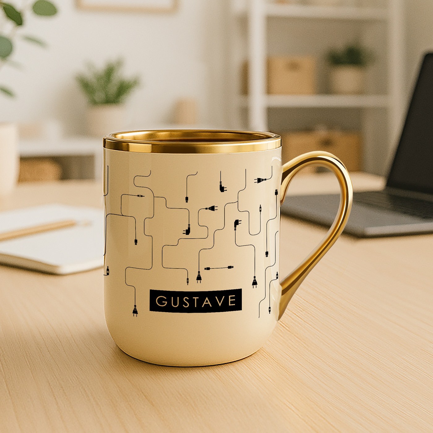 Mug de cerámica beige personalizado con borde y asa dorados para un experto en TI - Murrano