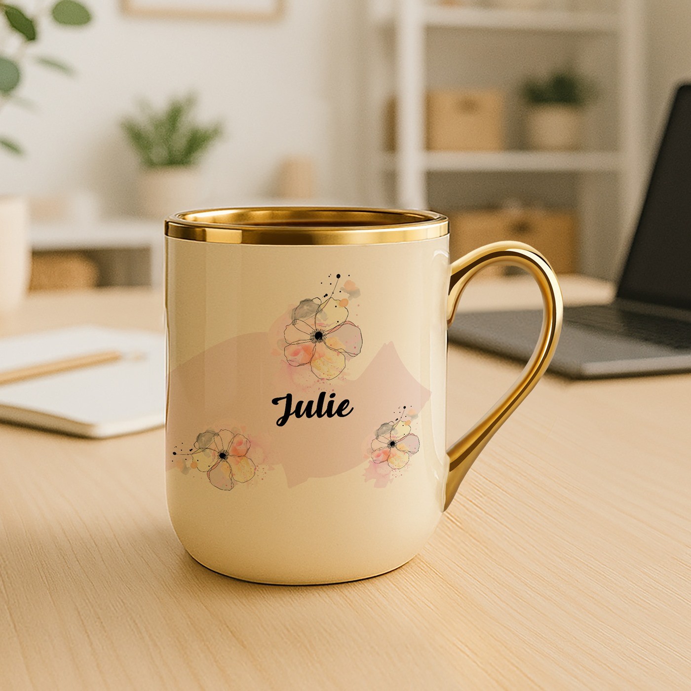 Mug de cerámica beige Murrano con borde y asa dorados para el cumpleaños de una amiga