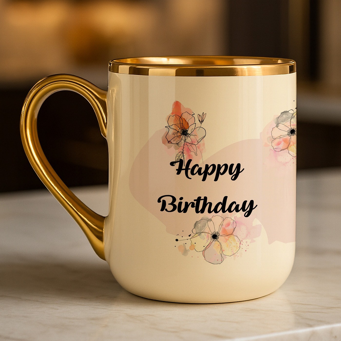Mug de cerámica beige Murrano con borde y asa dorados para el cumpleaños de una amiga