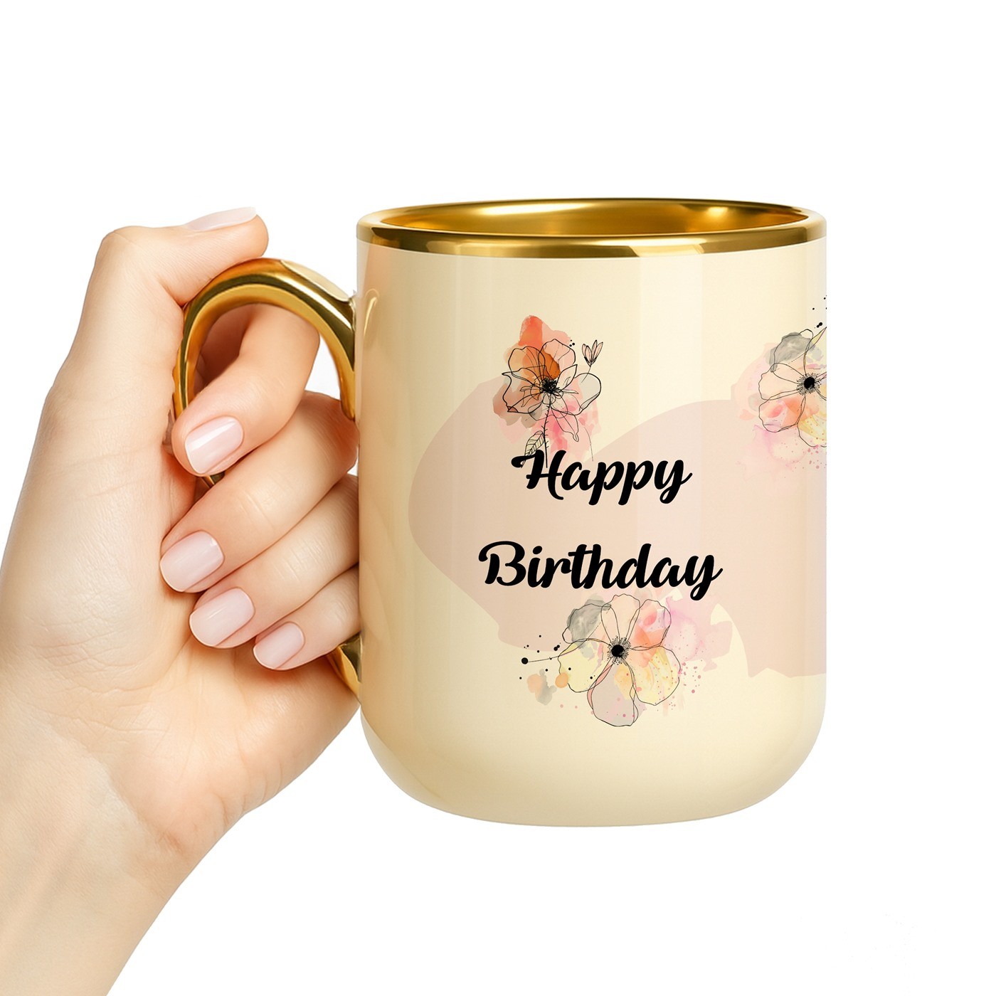 Mug de cerámica beige Murrano con borde y asa dorados para el cumpleaños de una amiga