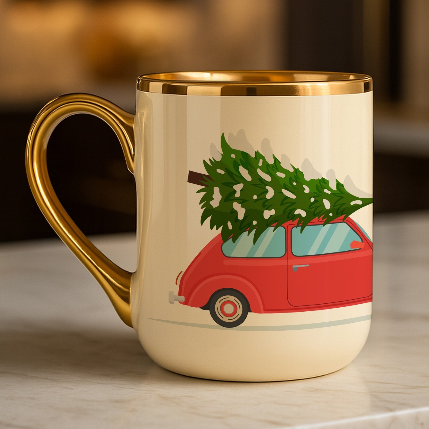 Mug de cerámica beige personalizada con borde y asa dorados de Murrano para un ser querido en Navidad