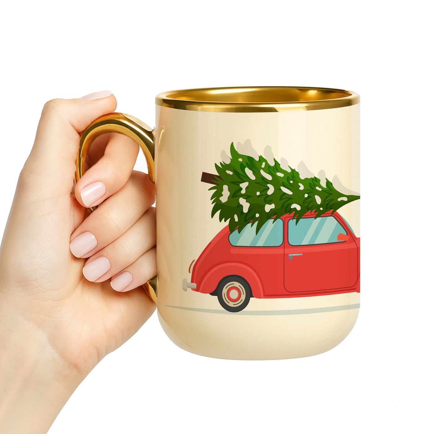 Mug de cerámica beige personalizada con borde y asa dorados de Murrano para un ser querido en Navidad