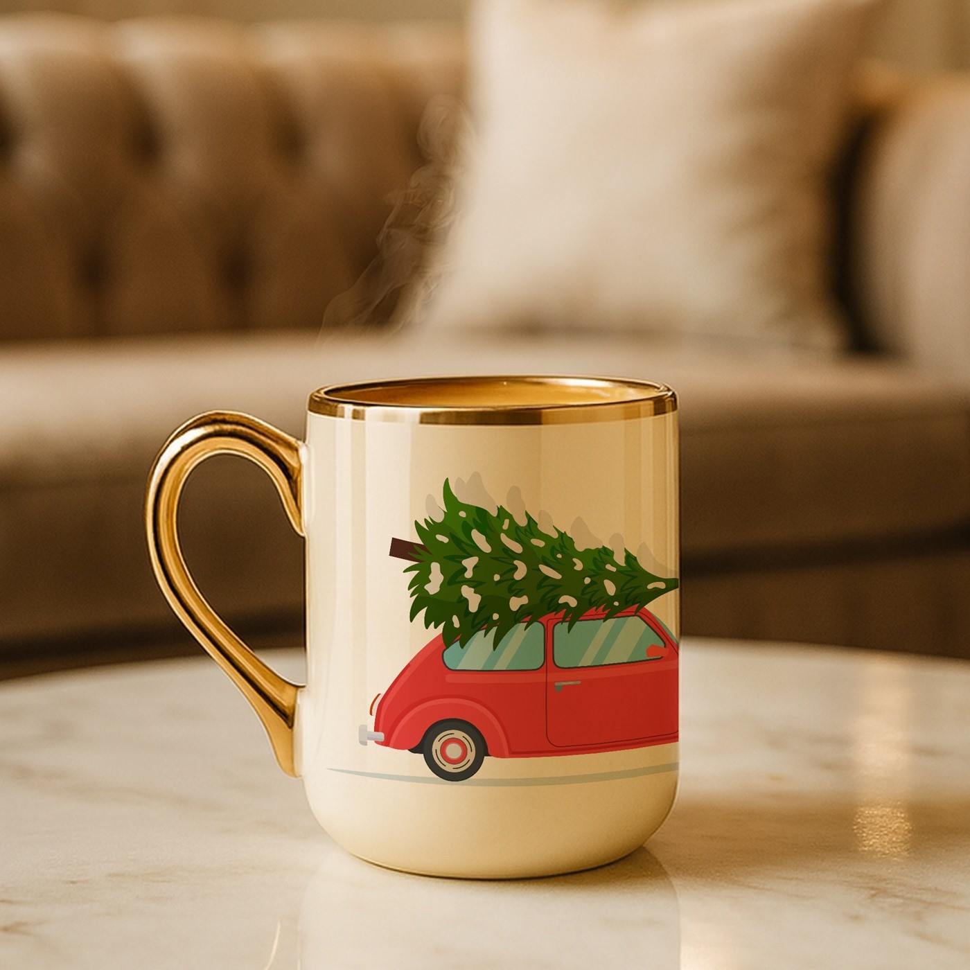 Mug de cerámica beige personalizada con borde y asa dorados de Murrano para un ser querido en Navidad