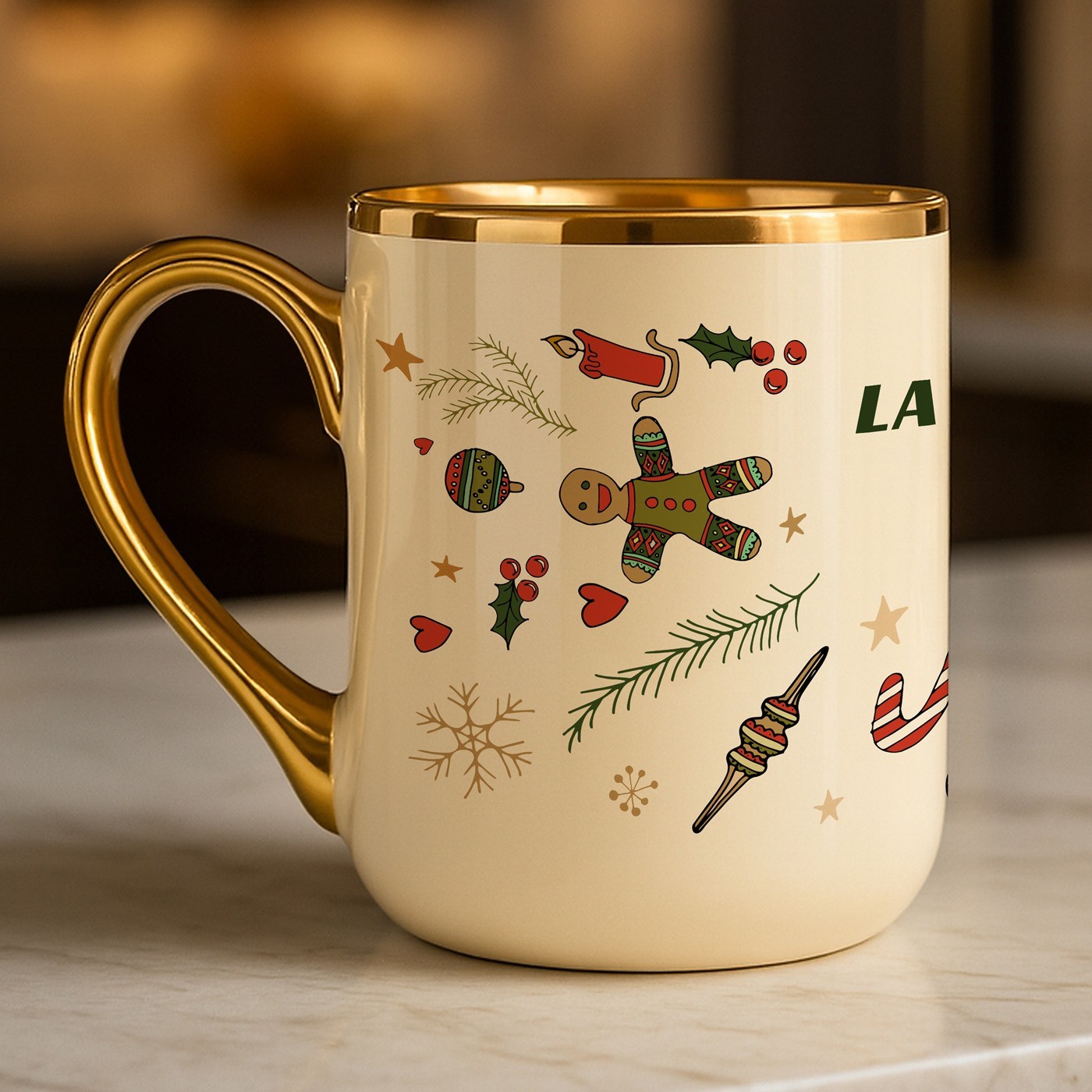 Mug de cerámica Murrano con borde y mango dorados para mujer - Regalo de Navidad personalizado