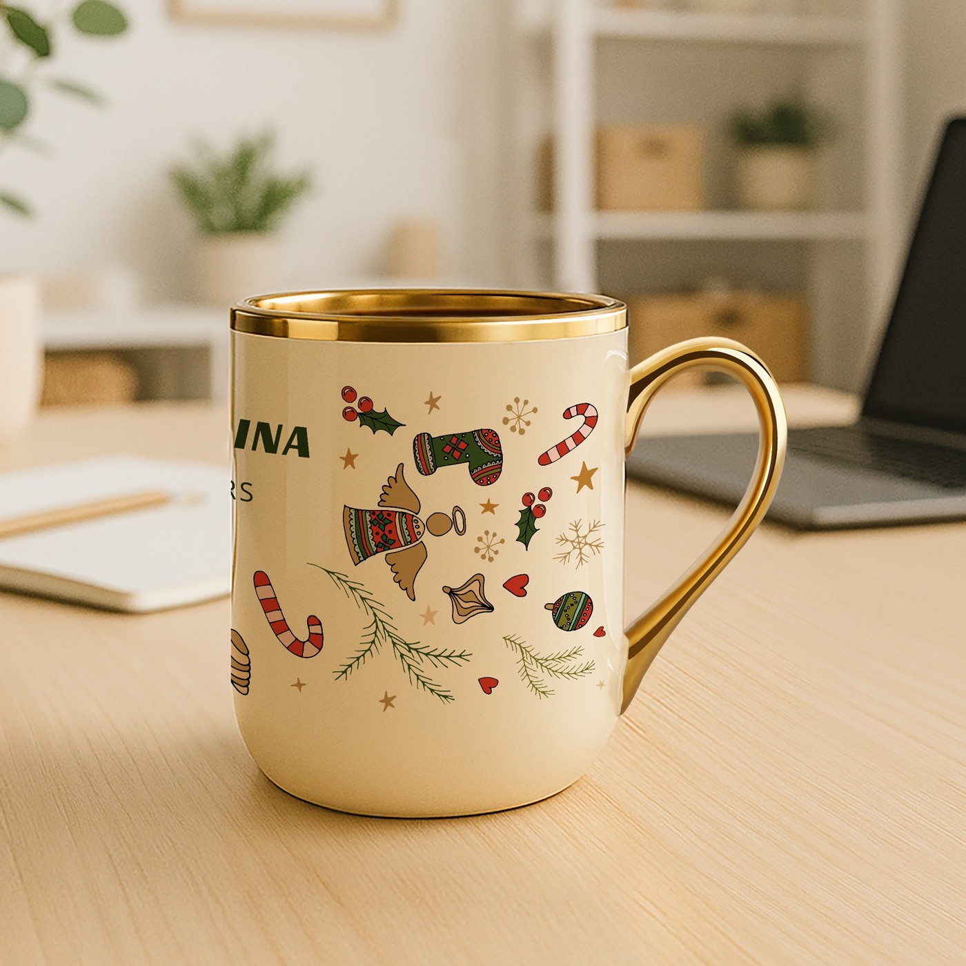 Mug de cerámica Murrano con borde y mango dorados para mujer - Regalo de Navidad personalizado