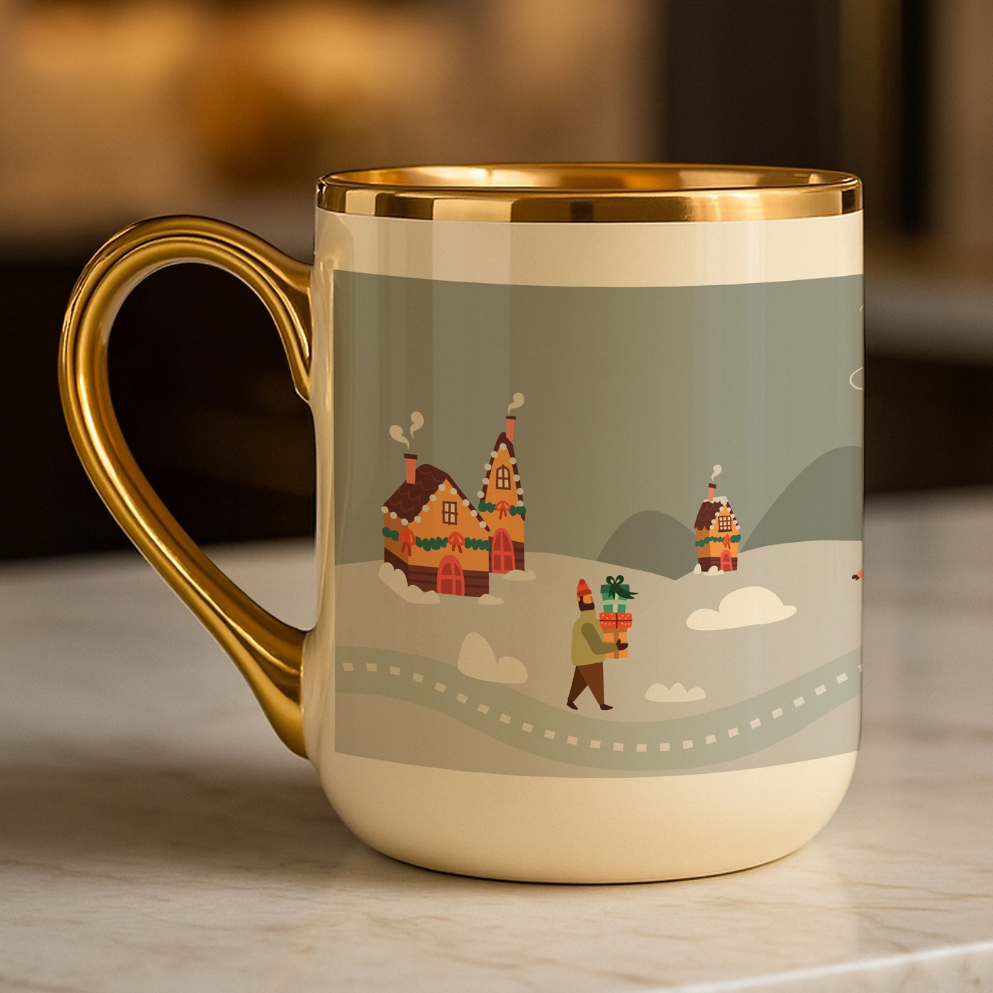Mug de cerámica beige Murrano con borde y mango dorados para esposa - Regalo de Navidad personalizado