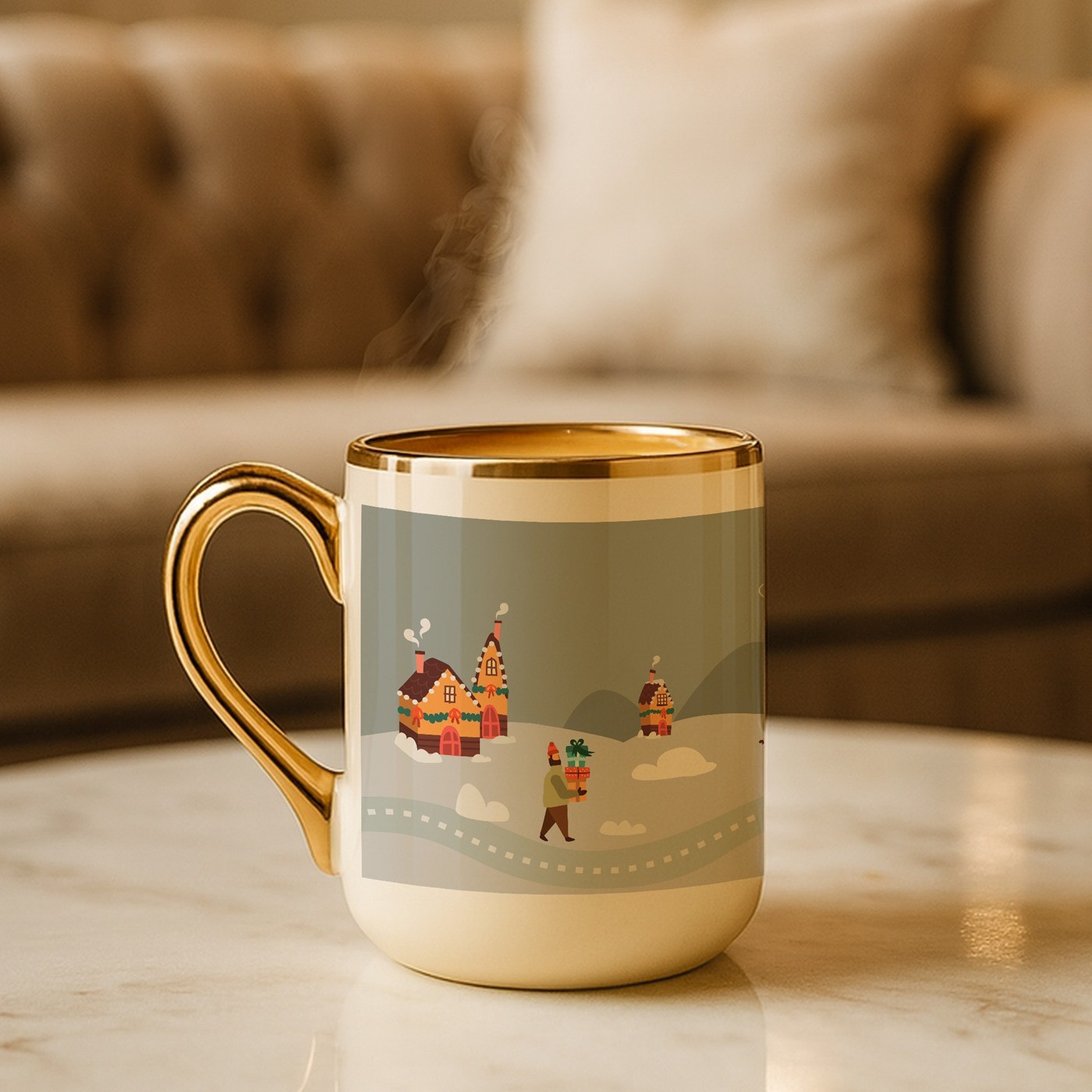 Mug de cerámica beige Murrano con borde y mango dorados para esposa - Regalo de Navidad personalizado