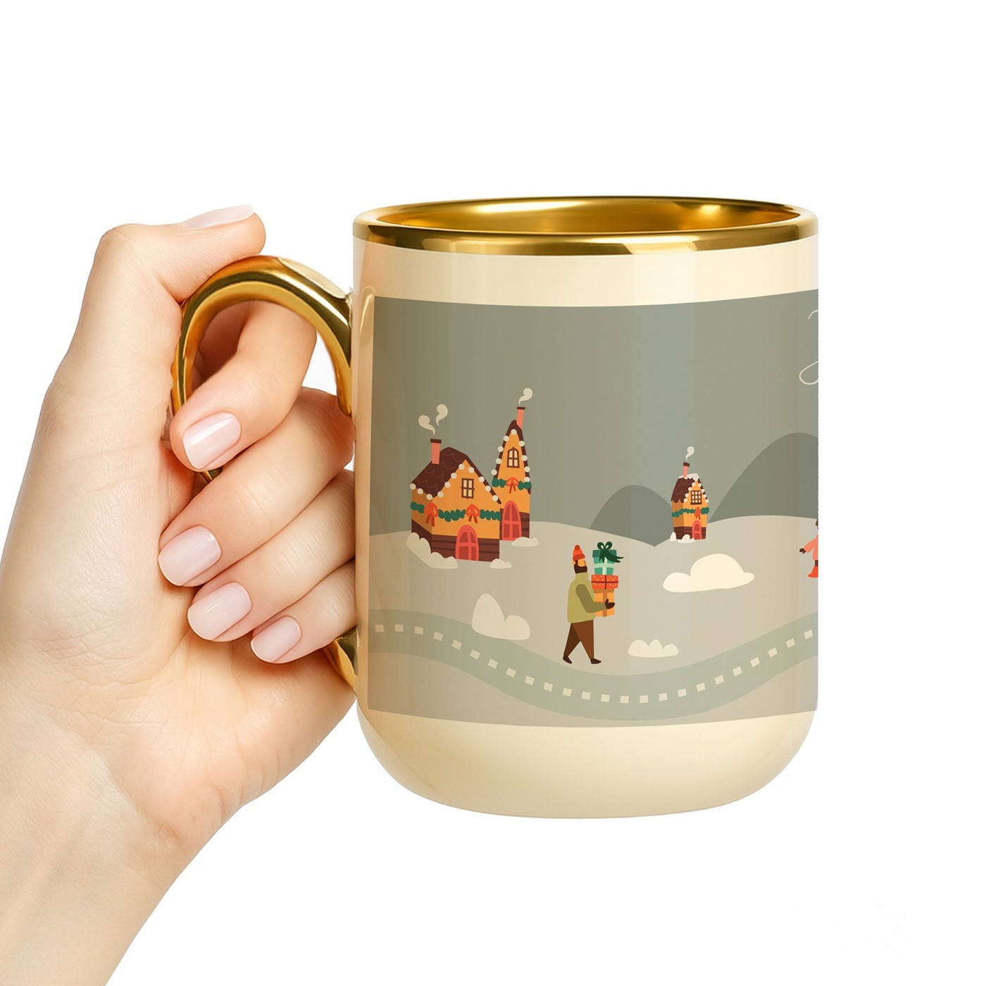 Mug de cerámica beige Murrano con borde y mango dorados para esposa - Regalo de Navidad personalizado
