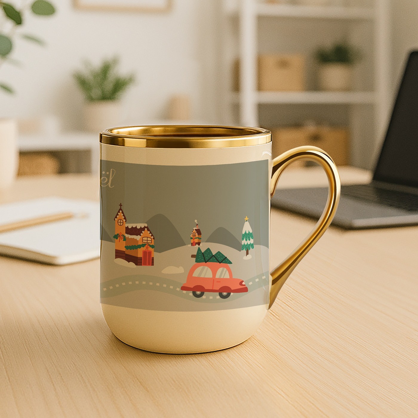Mug de cerámica beige Murrano con borde y mango dorados para esposa - Regalo de Navidad personalizado