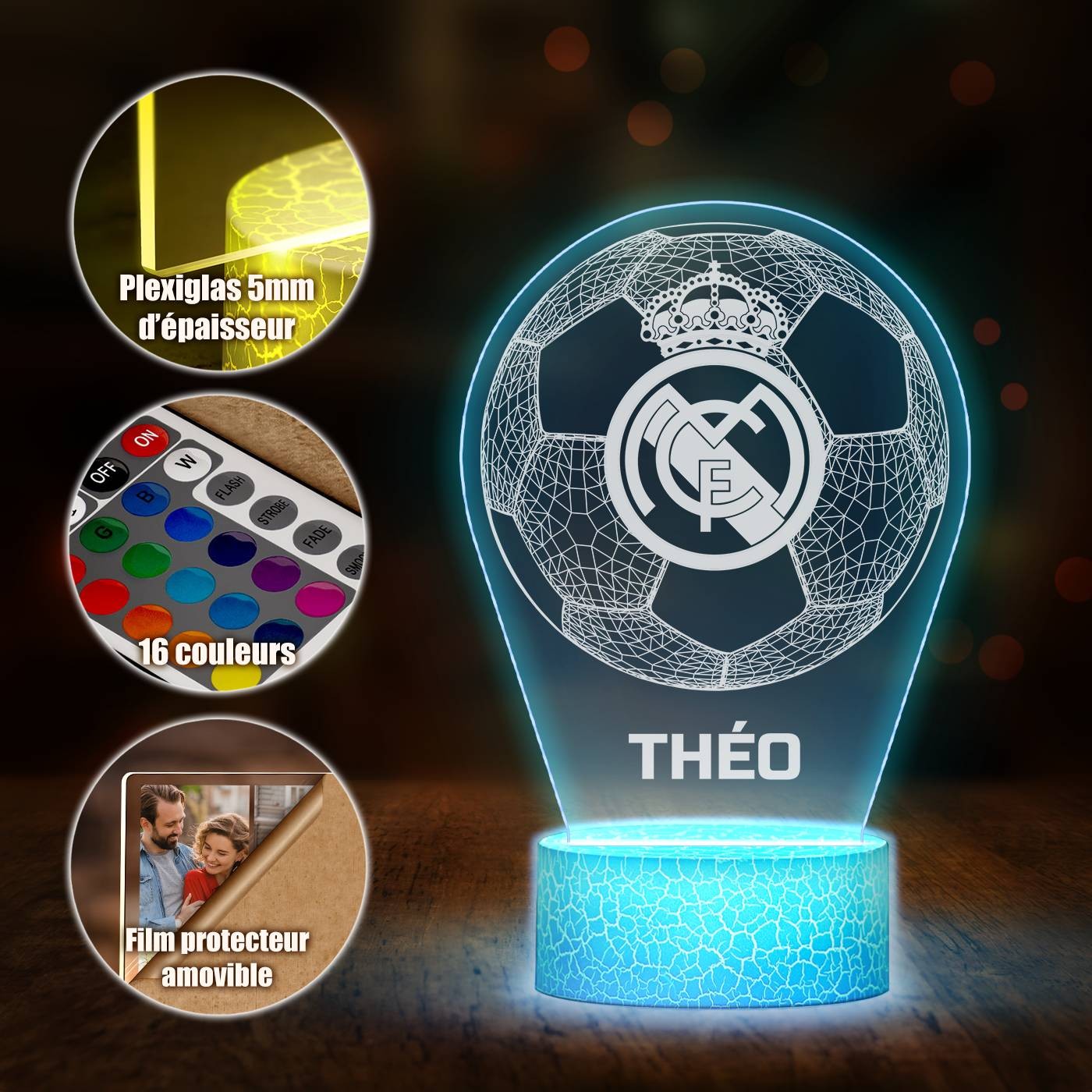 Lámpara LED 3D de Murrano con impresión personalizada para los fanáticos del Real Madrid