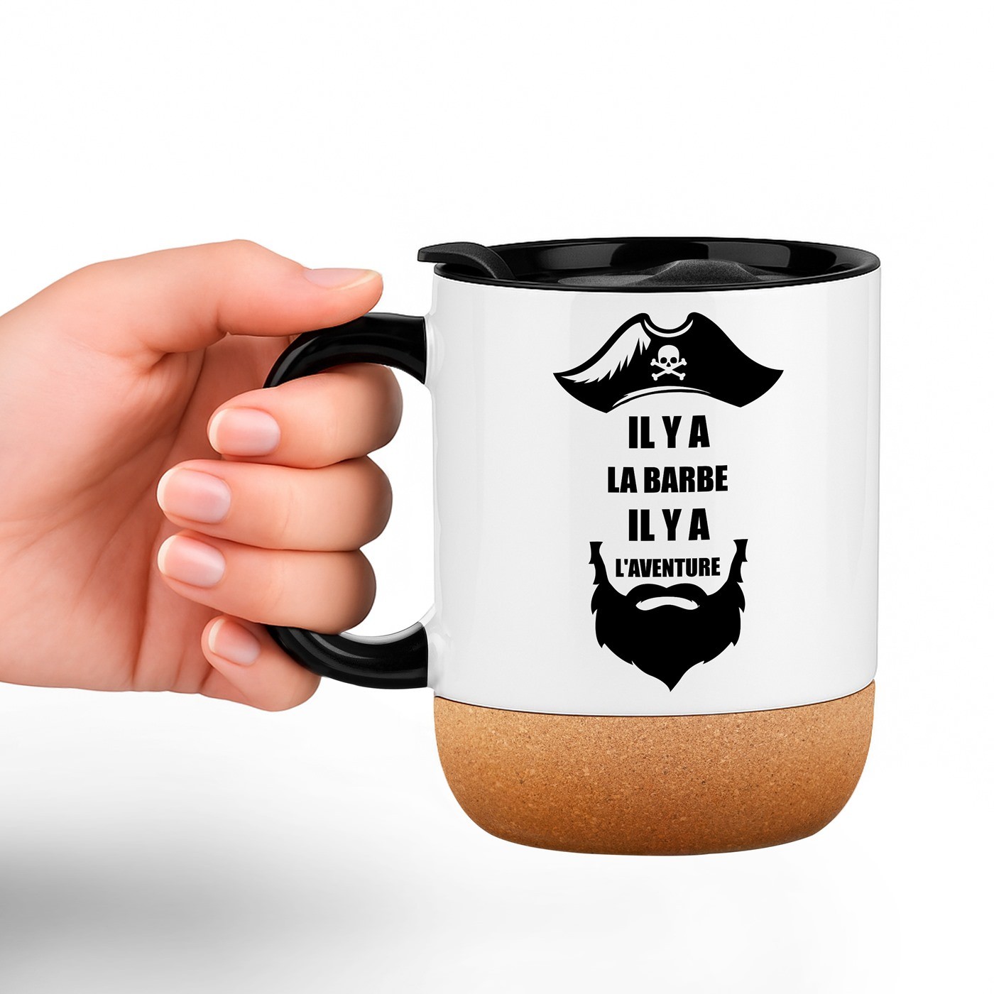 Taza de cerámica blanca Murrano con diseño de hombre barbudo y tapa