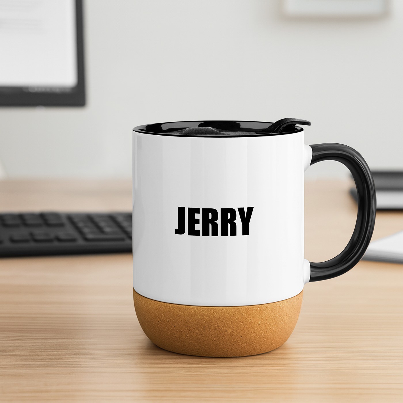 Taza de cerámica blanca Murrano con diseño de hombre barbudo y tapa