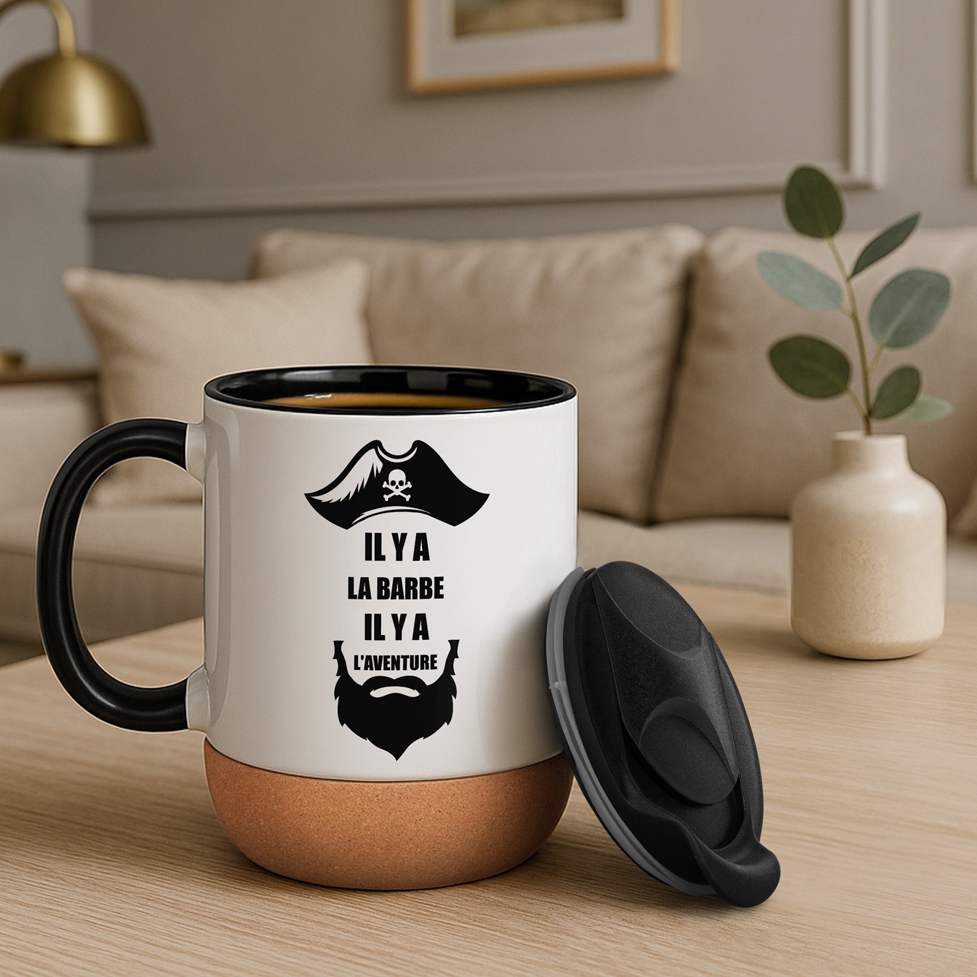 Taza de cerámica blanca Murrano con diseño de hombre barbudo y tapa