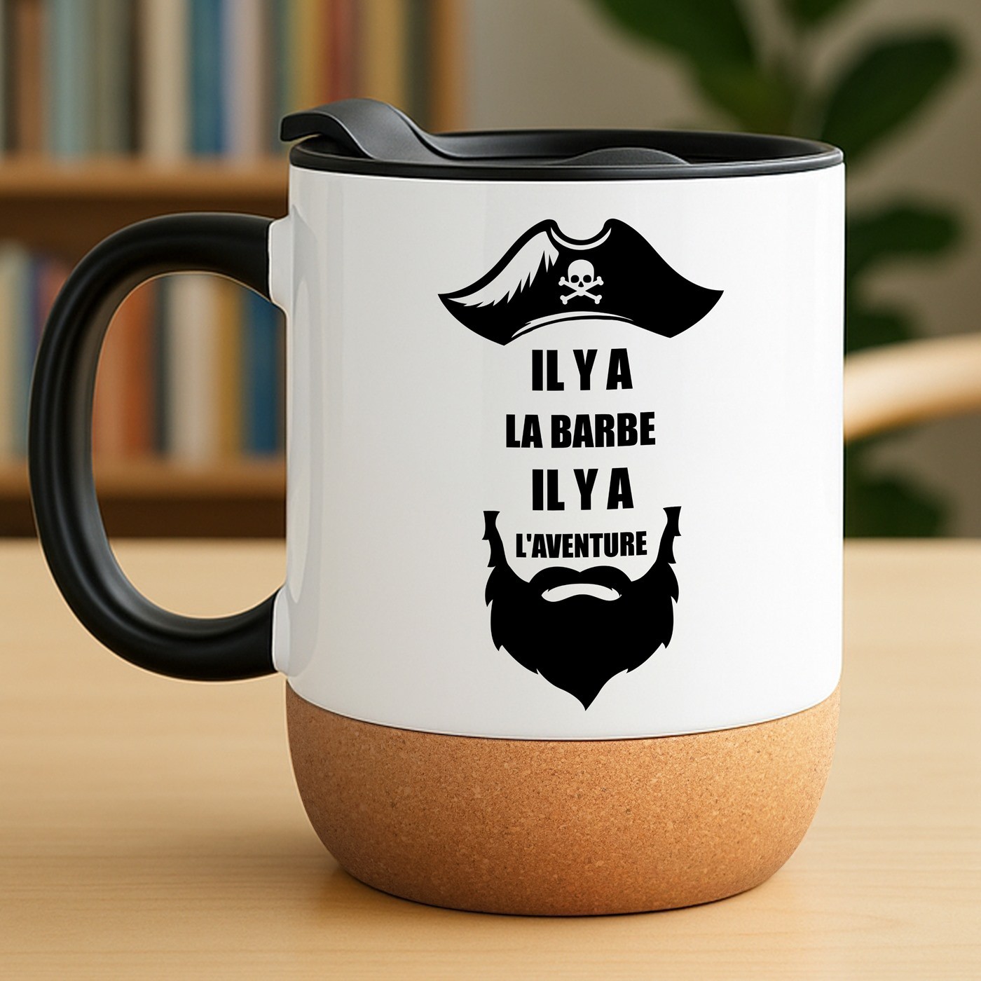 Taza de cerámica blanca Murrano con diseño de hombre barbudo y tapa
