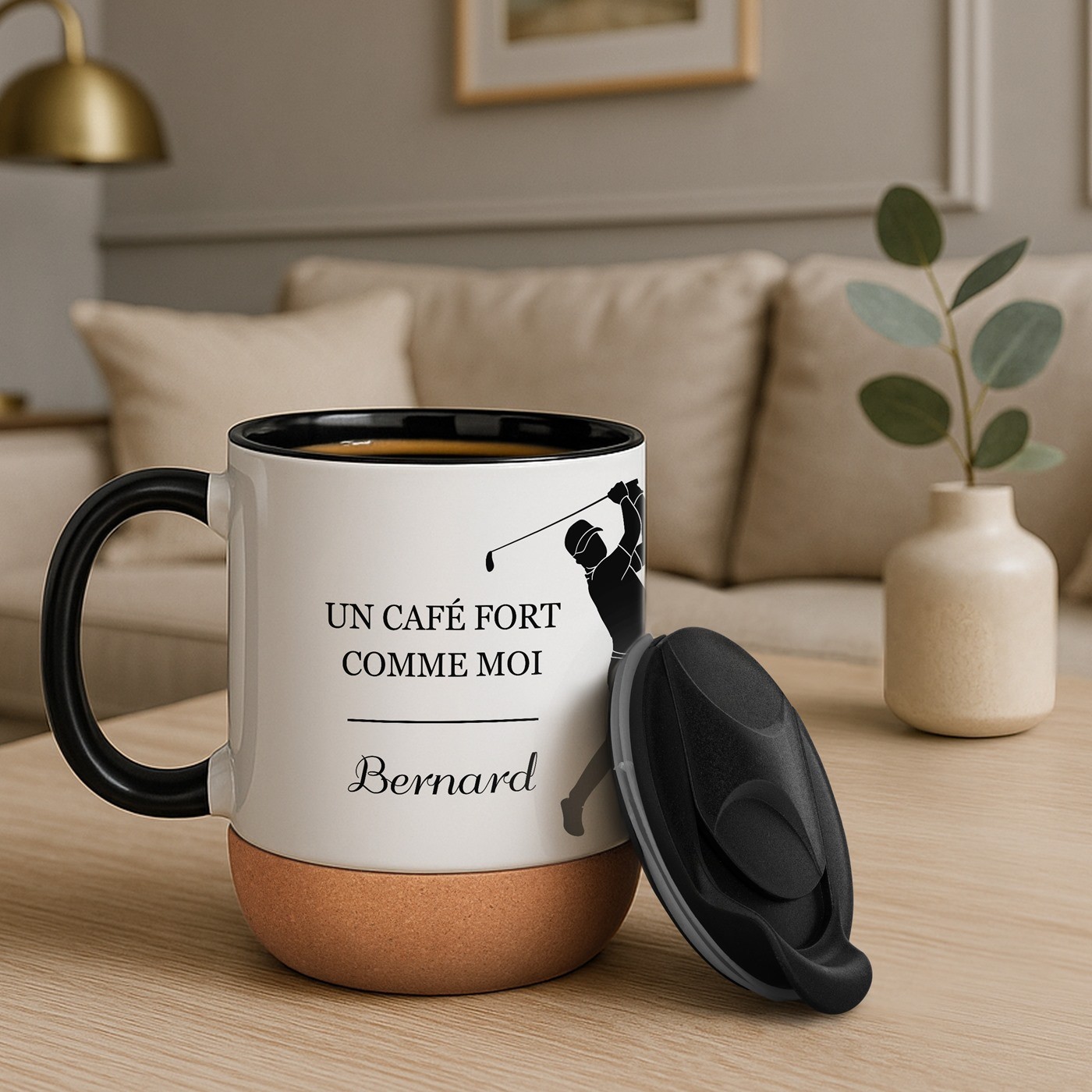 Taza de cerámica blanca Murrano con tapa para un golero cumpleaños