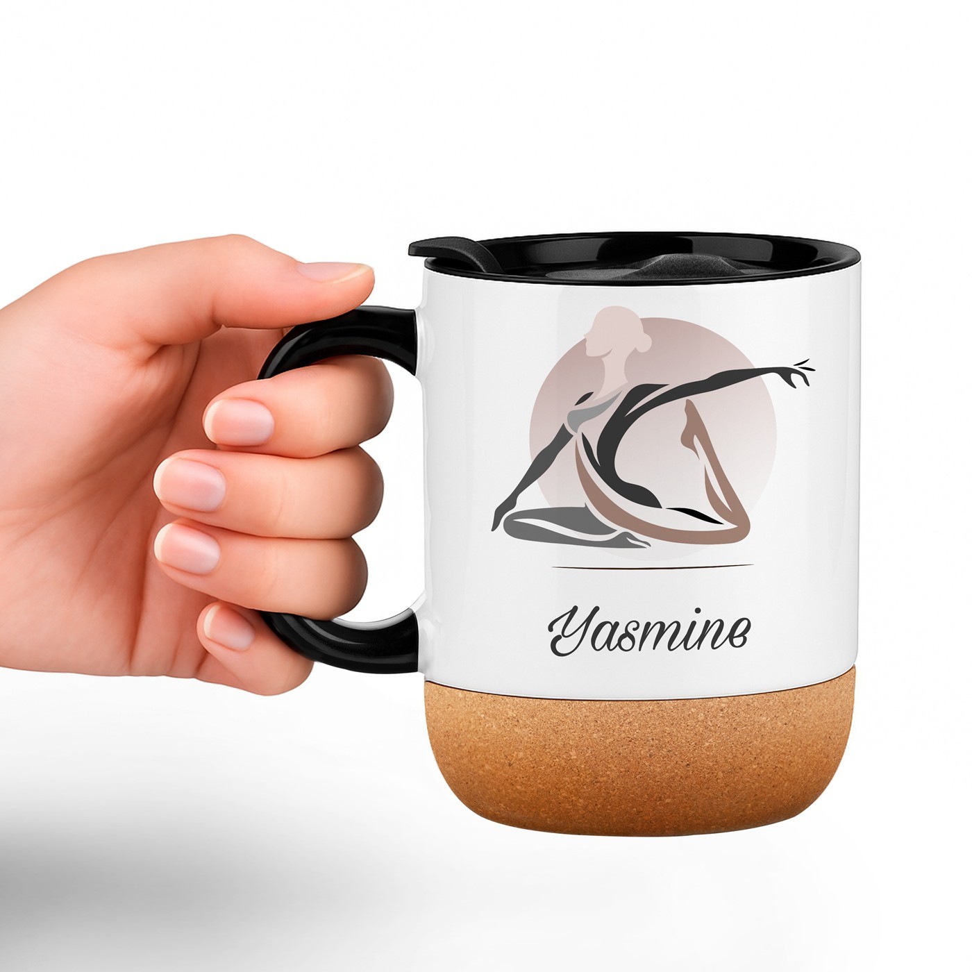 Mug Blanco Murrano con Impresión y Tapa para Entrenadora de Yoga