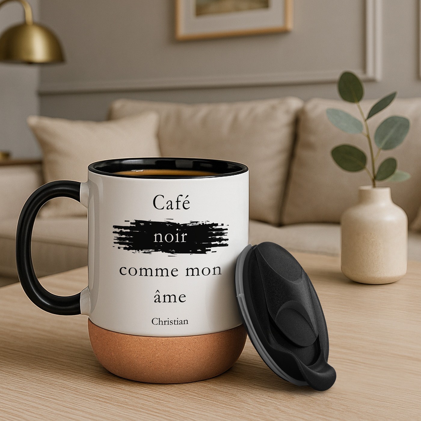 Murrano White Mug with Print and Lid for Coffee Lovers